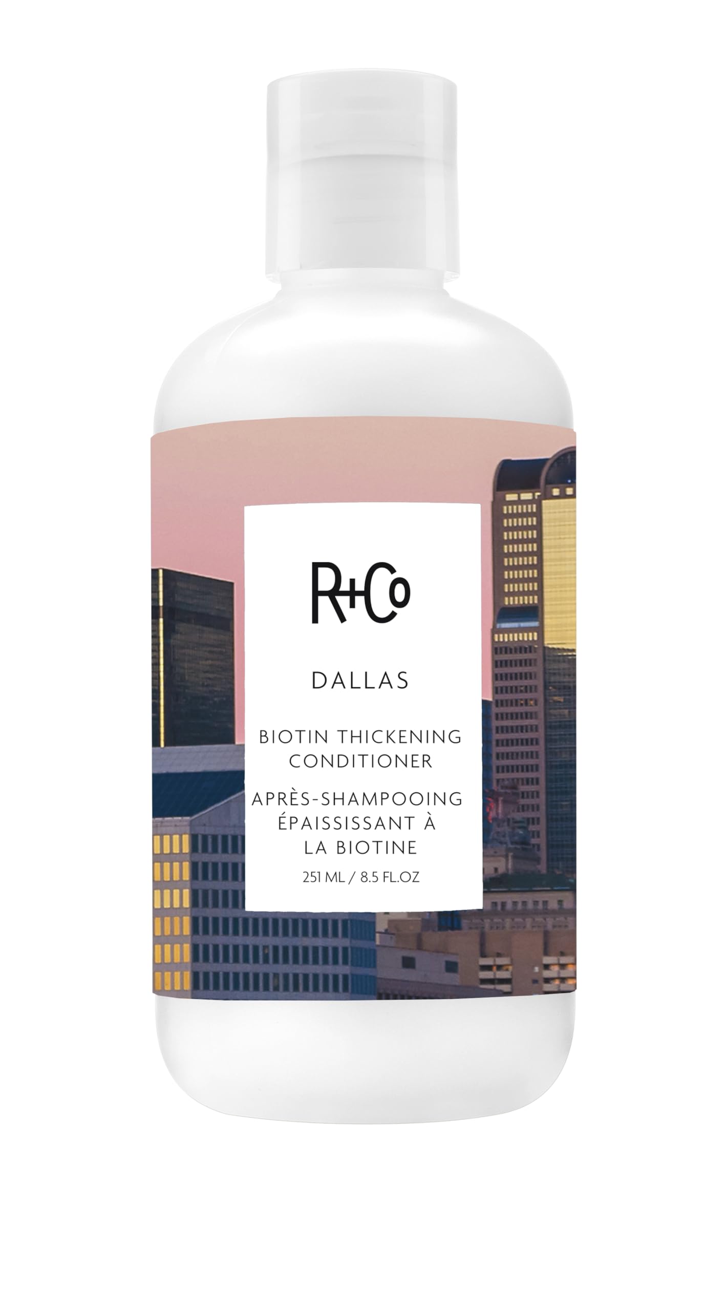 R+Co Dallas Biotine Épaississant – bouteille élégante offrant volume durable et brillance naturelle