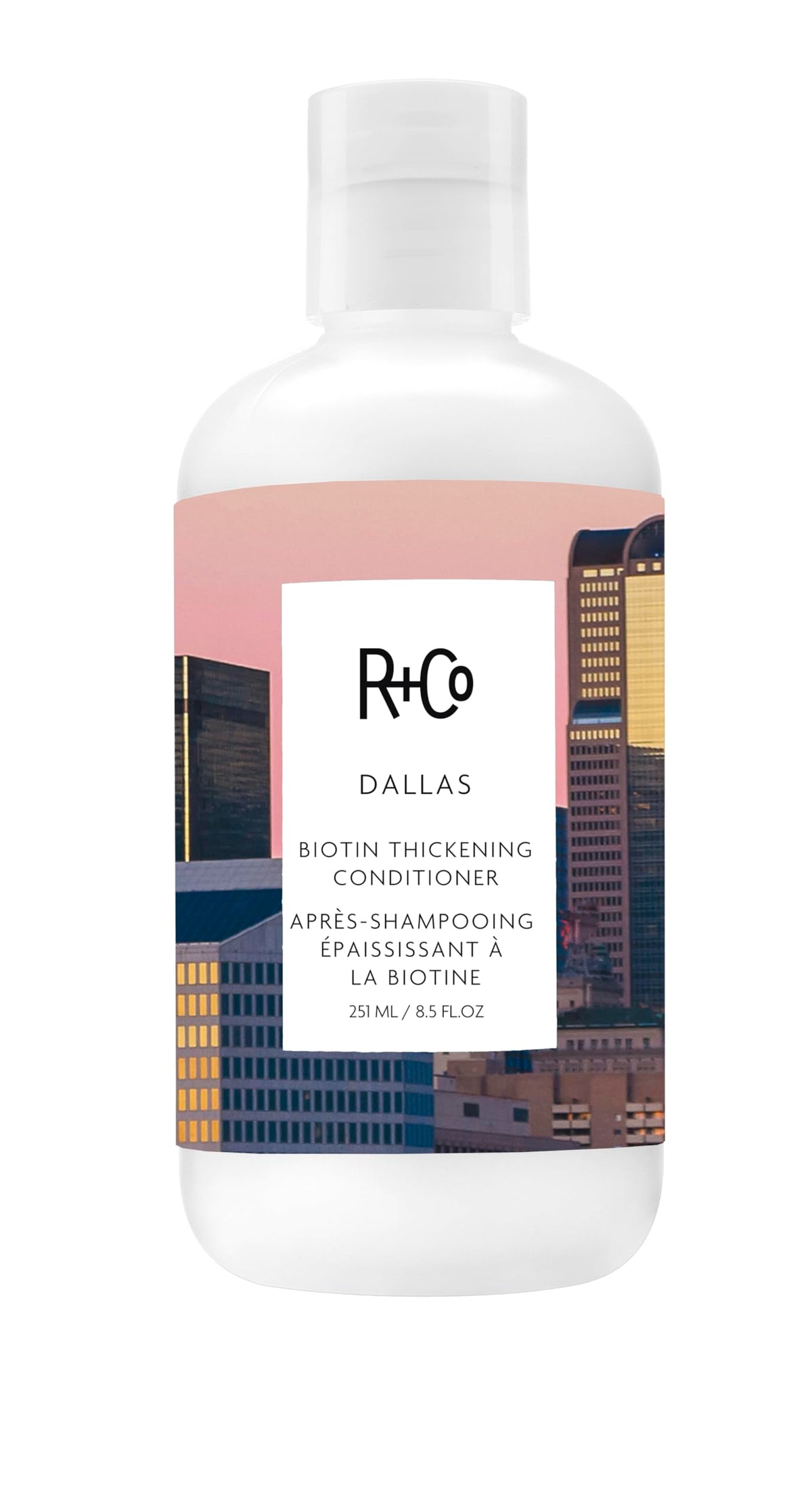 R+Co Dallas Biotine Épaississant – bouteille élégante offrant volume durable et brillance naturelle