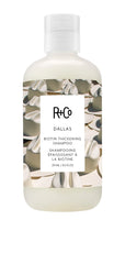 R+Co Dallas shampoing épaississant, bouteille élégante, apporte volume aux cheveux fins.