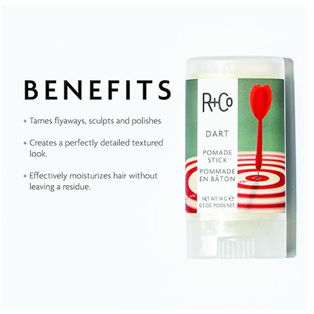 R+Co Dart Pomade Stick texture soyeuse pour définition nette sans effet gras