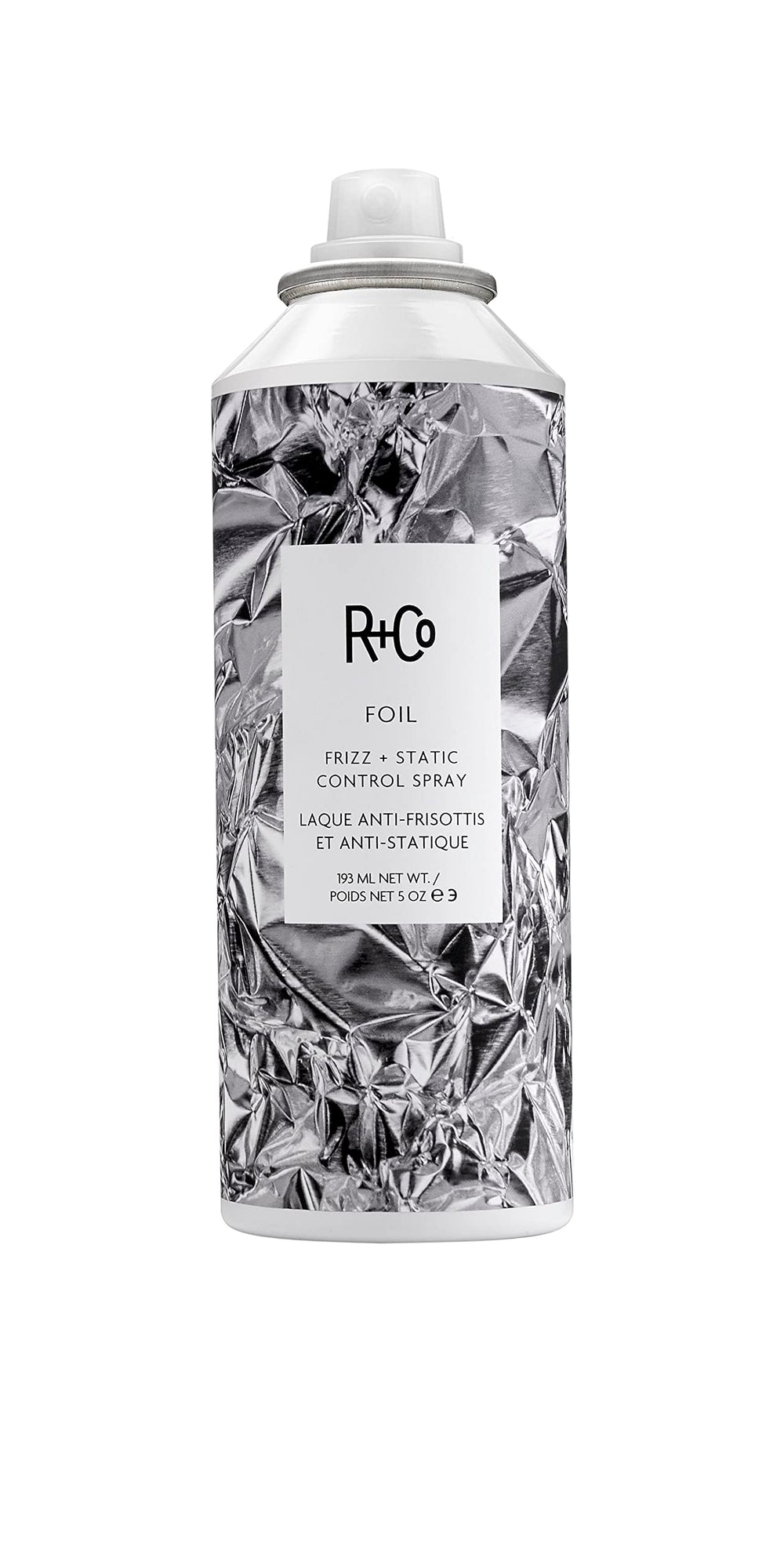 R+Co Foil Frizz + Static Aérosol sur bouteille, contrôle durable des frisottis et de la statique
