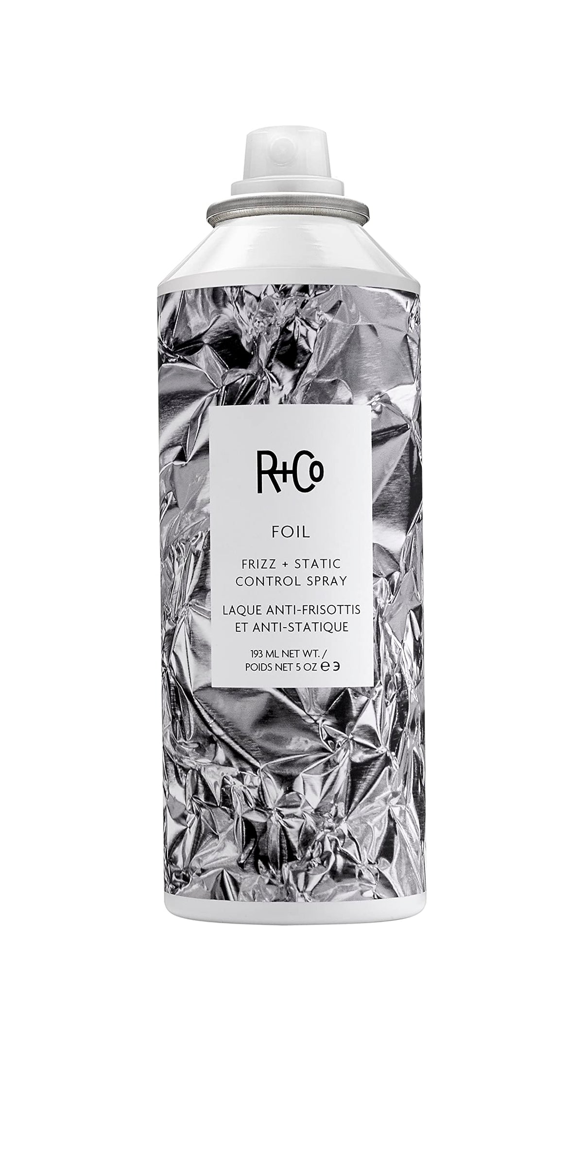 R+Co Foil Frizz + Static Aérosol sur bouteille, contrôle durable des frisottis et de la statique