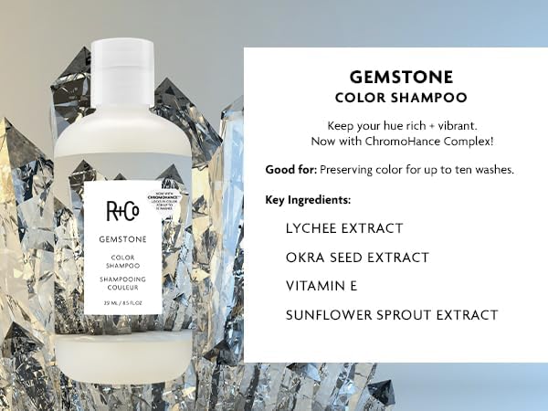 R+Co Gemstone Color Après-shampooing, bouteille, prolonge la couleur et démêle en douceur.