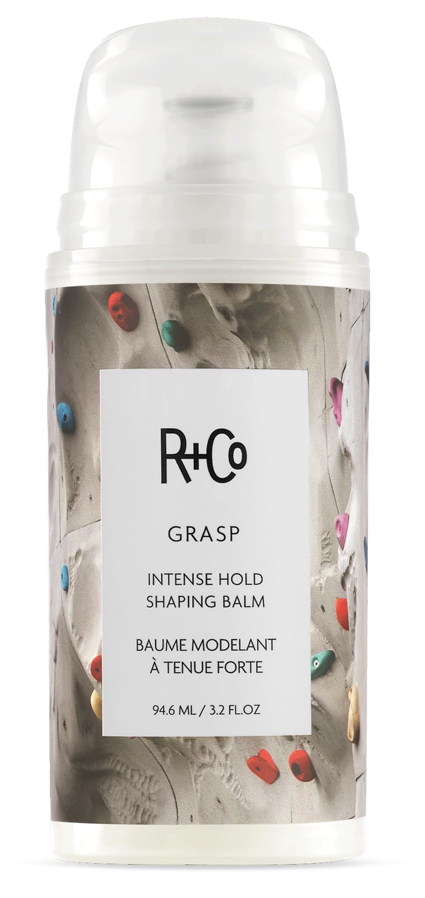 R+Co Grasp baume coiffant en flacon, tenue solide sans croquant.