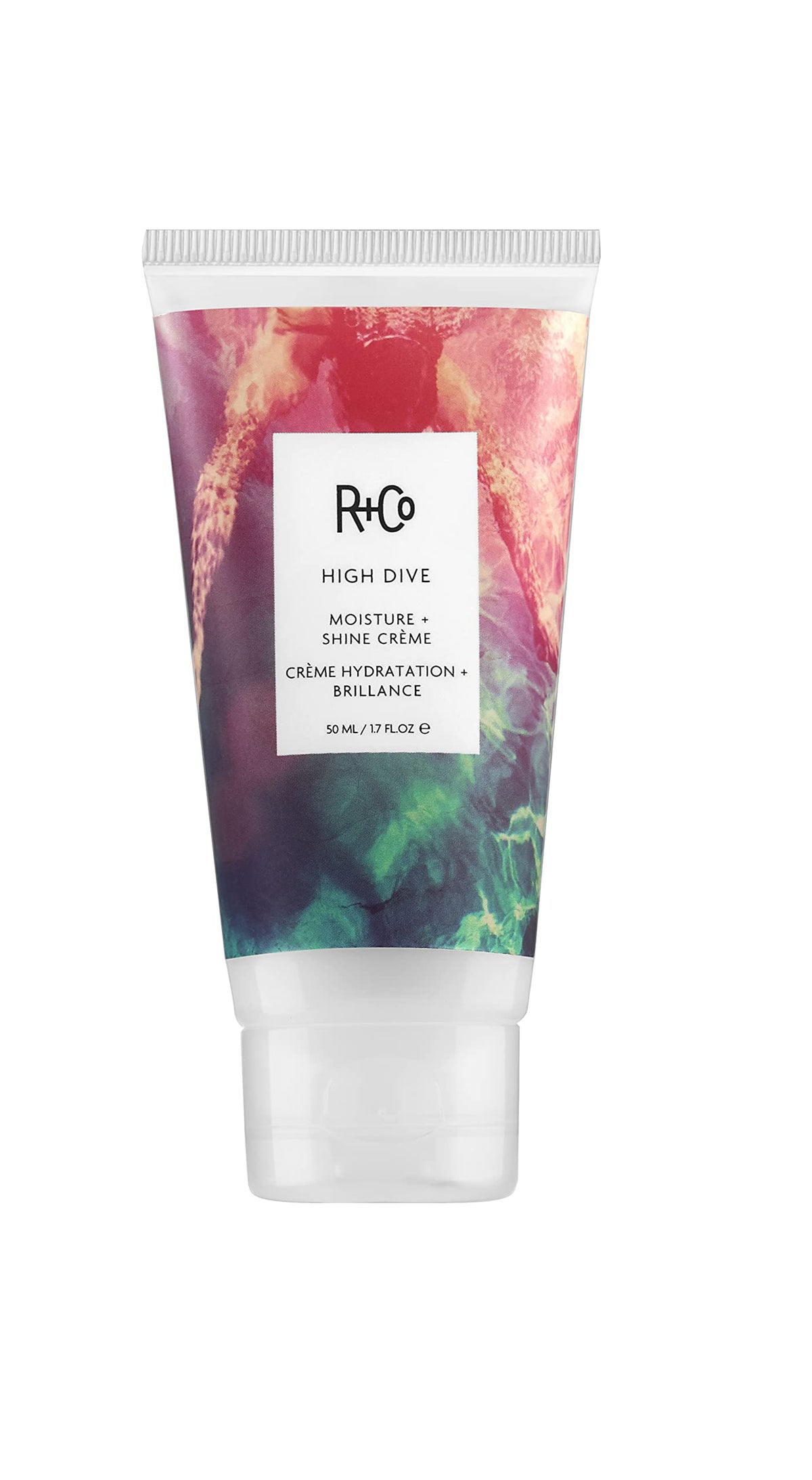 R+Co HIGH DIVE crème hydratante, bouteille ouverte, pour une hydratation immédiate.