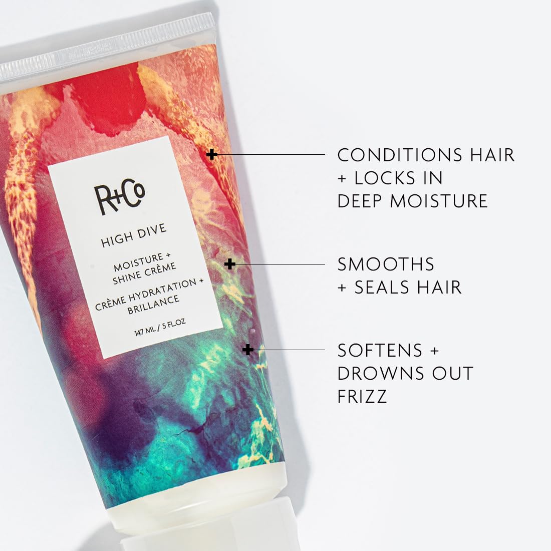 R+Co HIGH DIVE texture crèmeuse, application facile pour discipliner les frisottis.