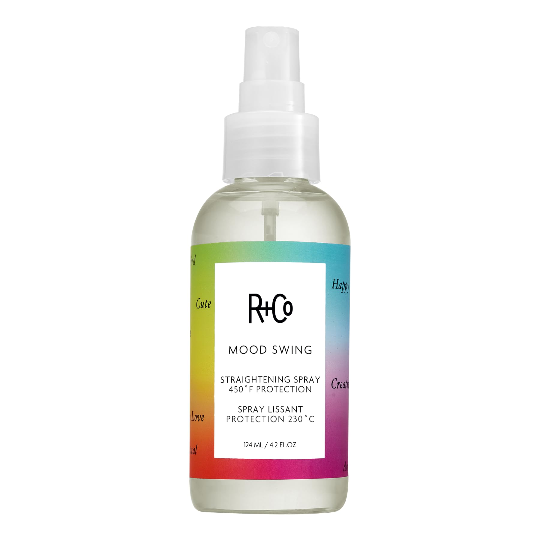 Bouteille R+Co Mood Swing en gros plan, brillance et lissage