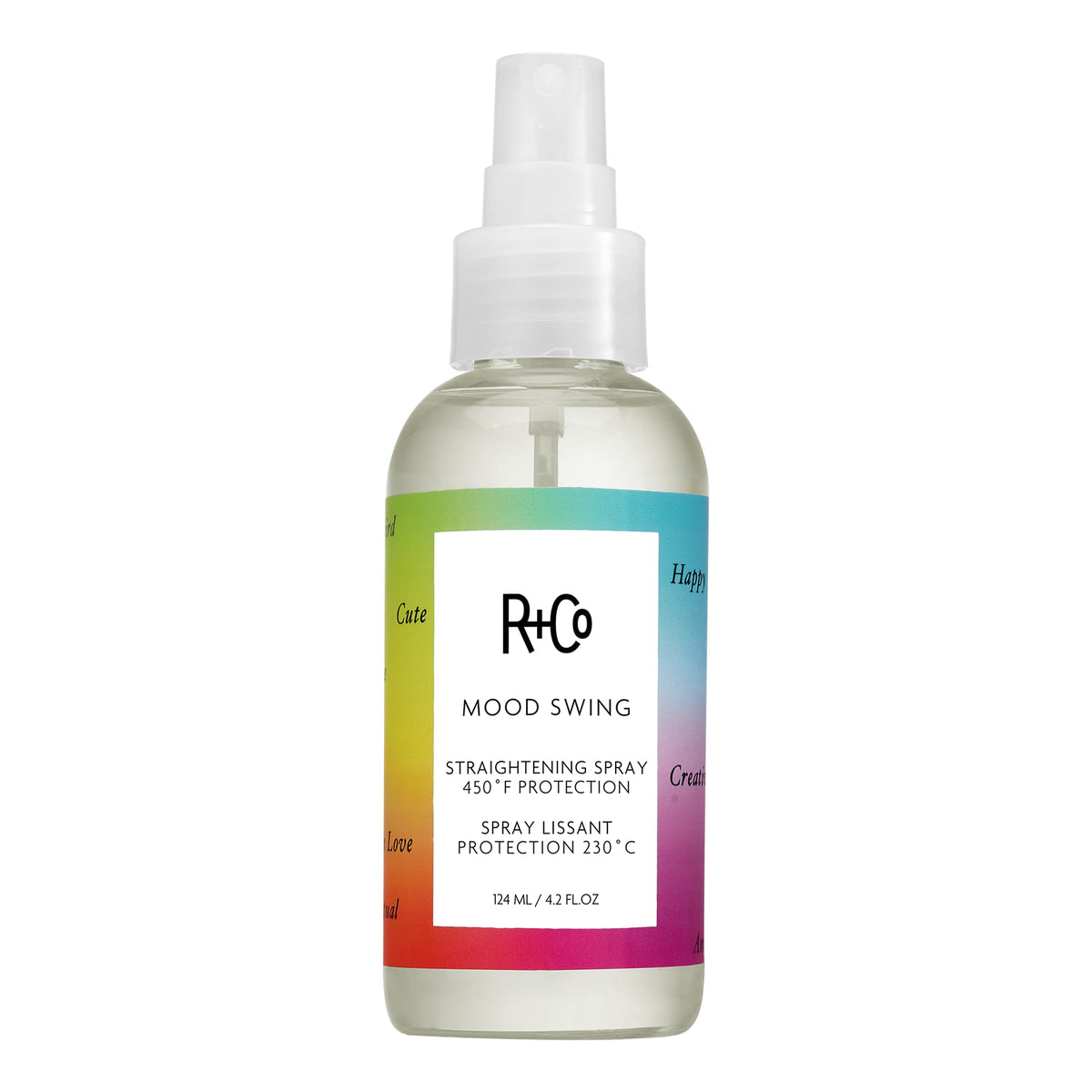 Bouteille R+Co Mood Swing en gros plan, brillance et lissage