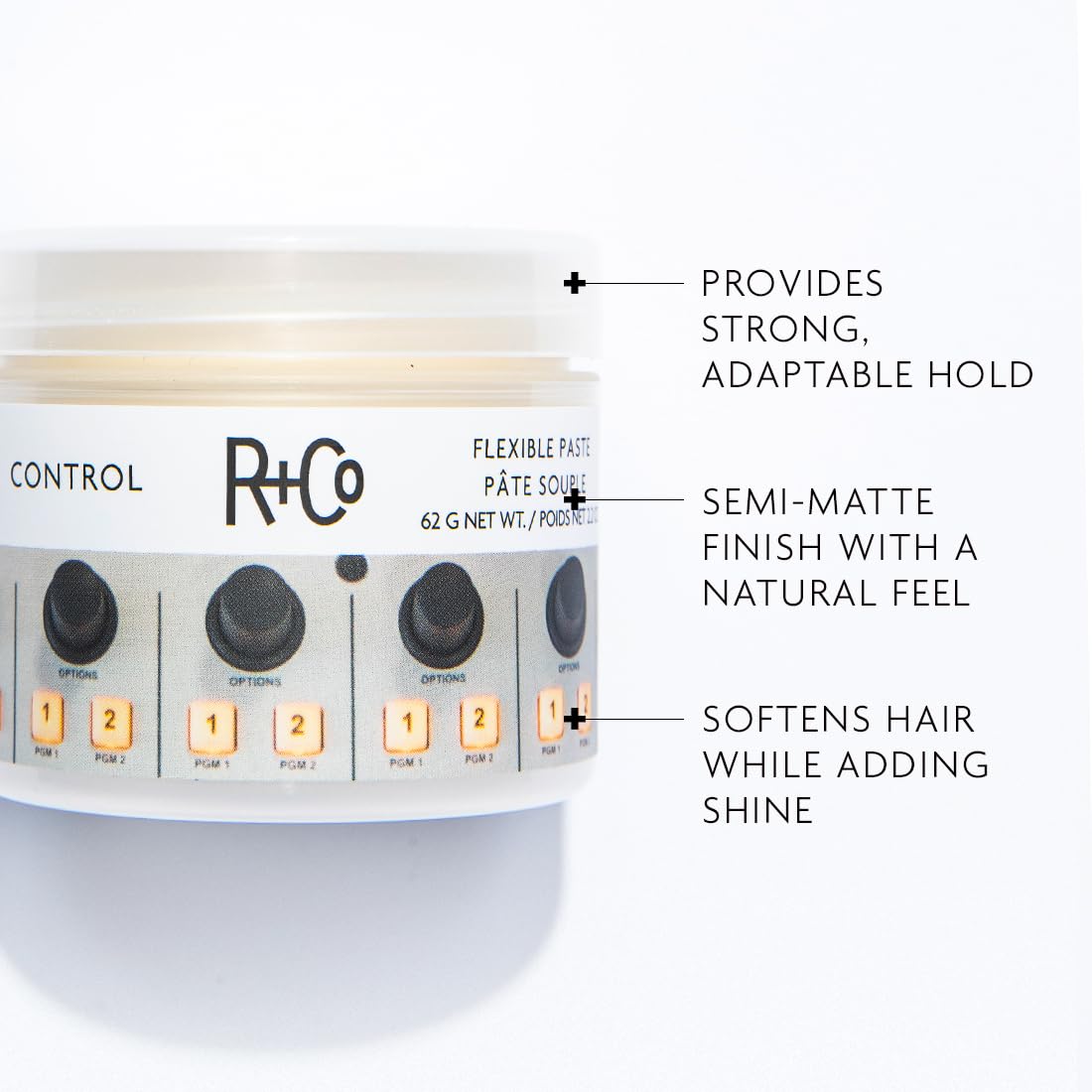 R+Co Pâte Contrôle Flexible – texture et définition discrètes sur les cheveux