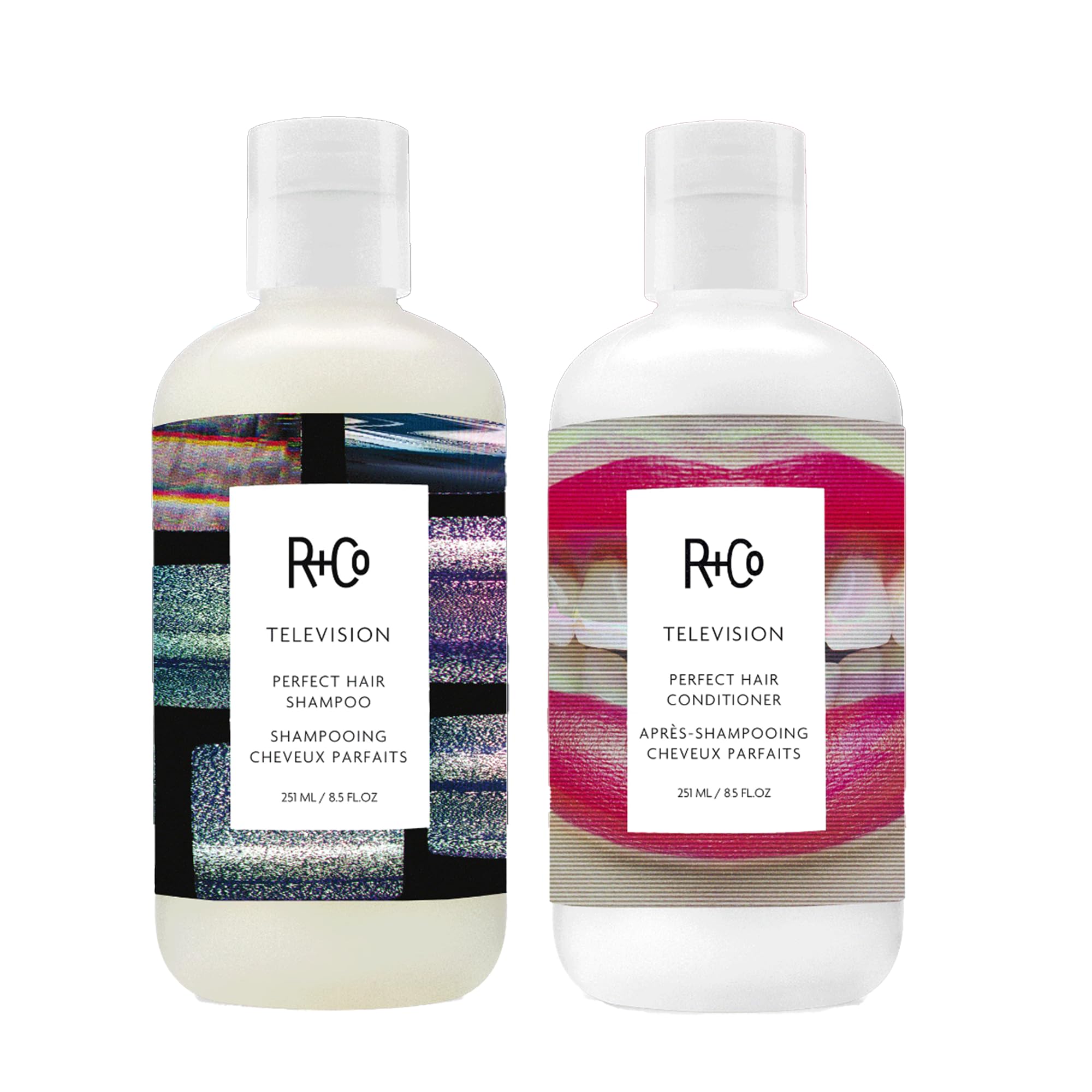 R+Co Television bouteille de shampooing, cheveux lissés en douceur.