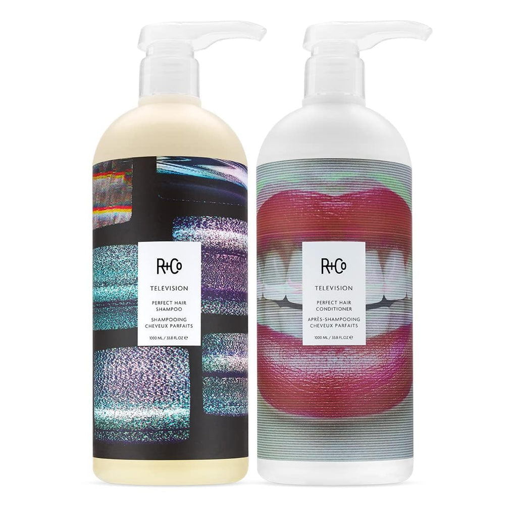 R+Co Television Shampoing en bouteille, cheveux plus doux et brillants.