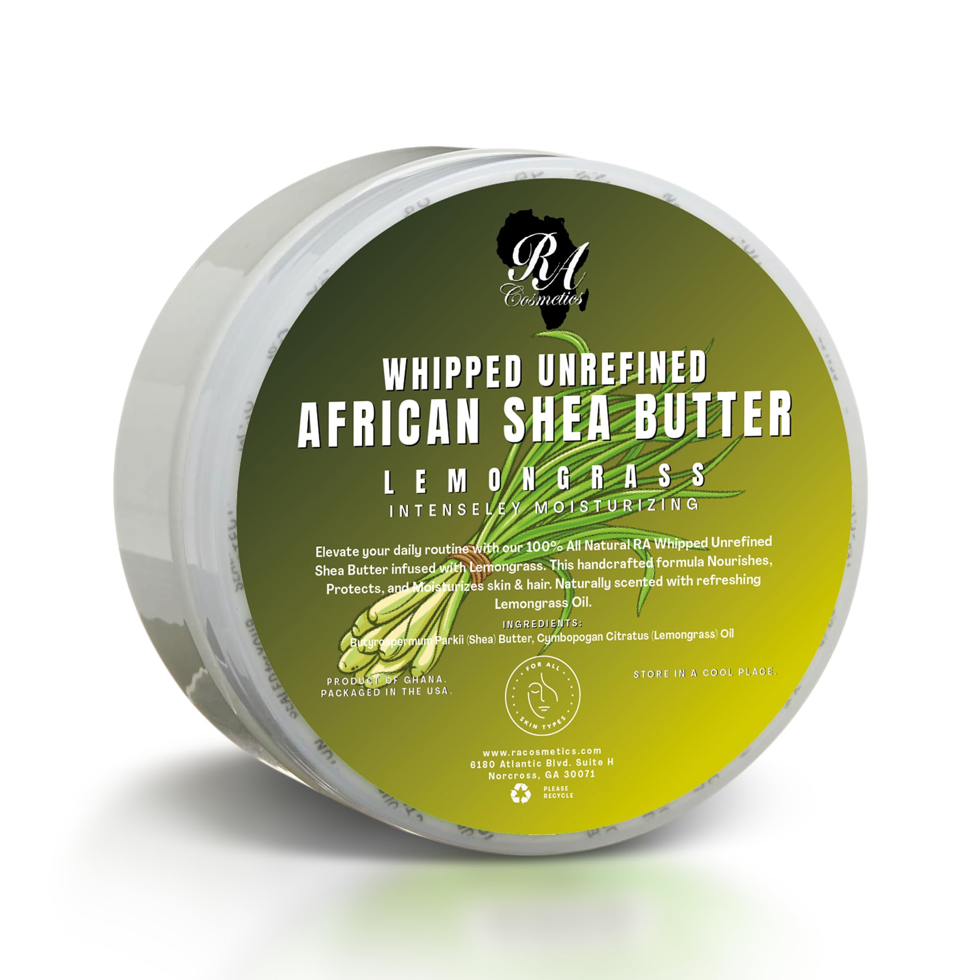 RA COSMETICS Beurre karité fouette citronnelle en pot, hydratation riche.