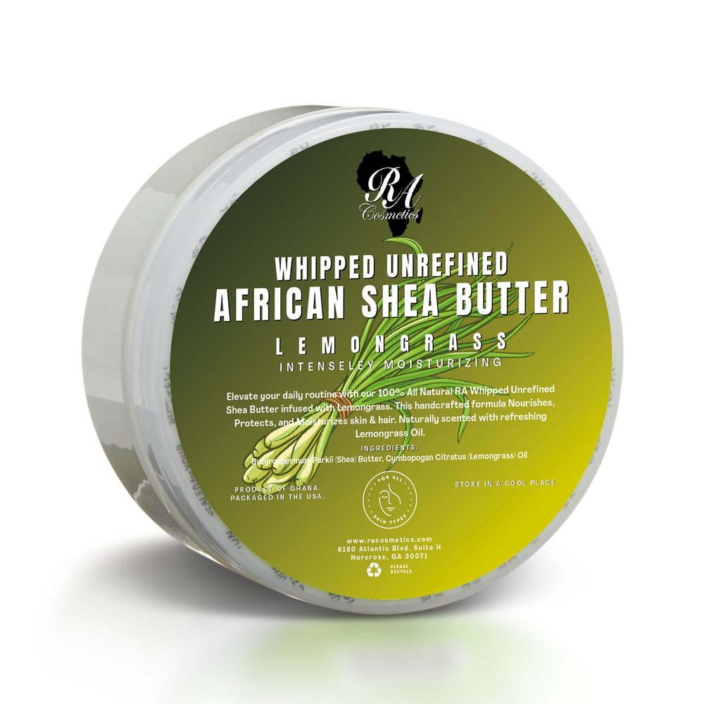 RA COSMETICS Beurre karité fouette citronnelle en pot, hydratation riche.