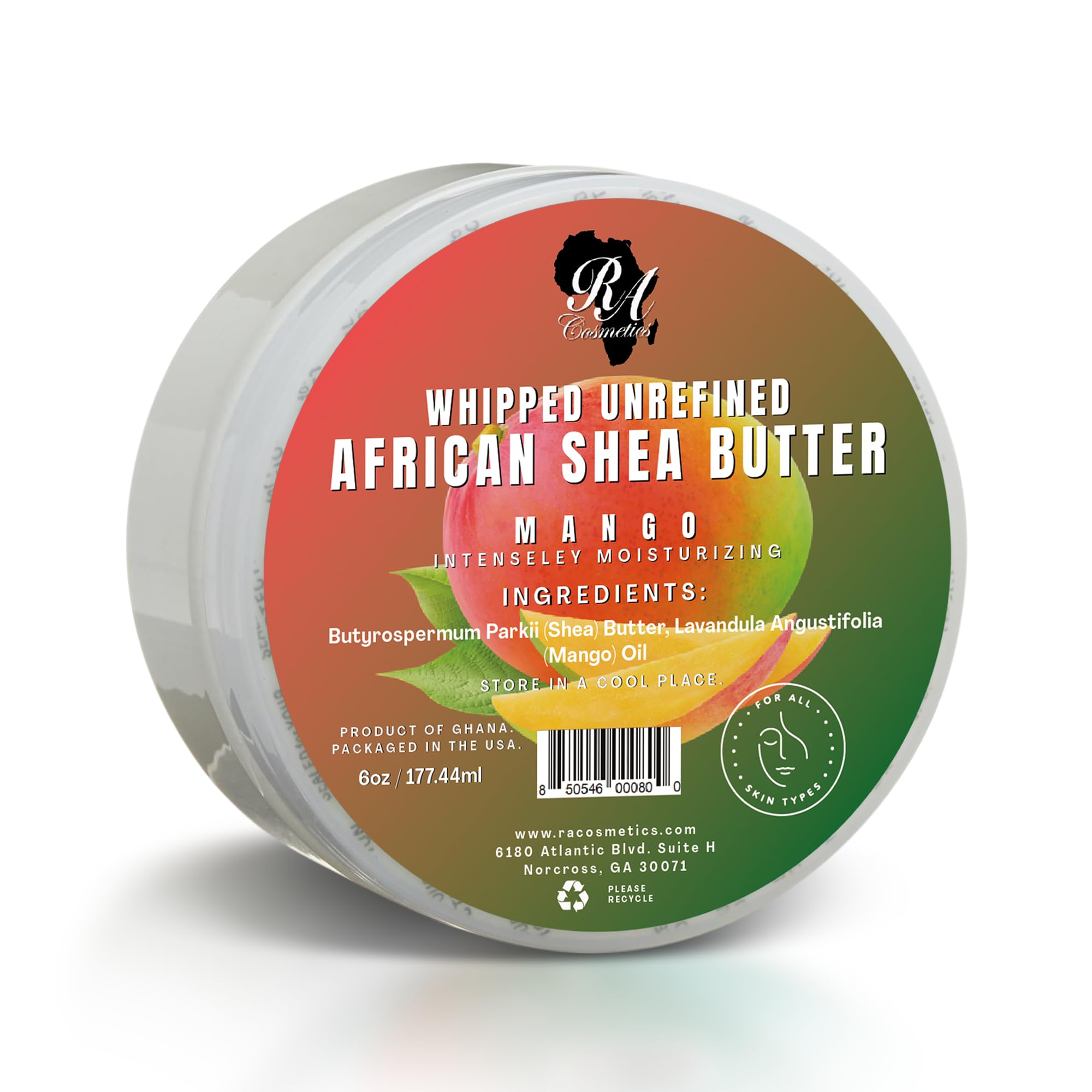 RA COSMETICS Beurre karité fouetté mangue – pot 6oz, hydratation nourrissante.