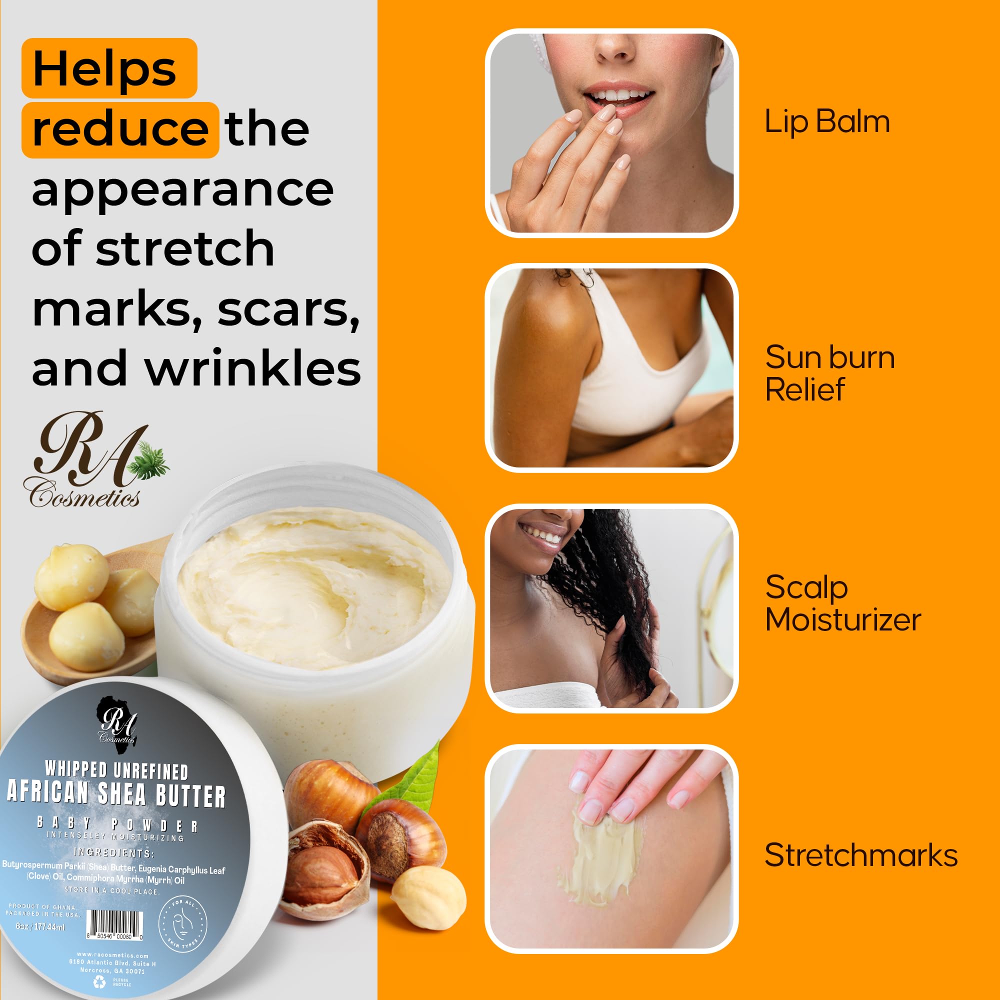 RA COSMETICS Beurre de Karité Fouetté, parfum poudre bébé, sensation fraîche et légère.