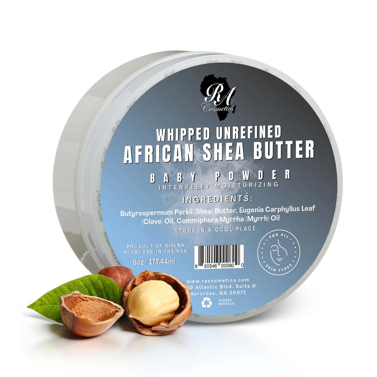RA COSMETICS Beurre de Karité Fouetté, texture crèmeuse hydratante pour la peau.
