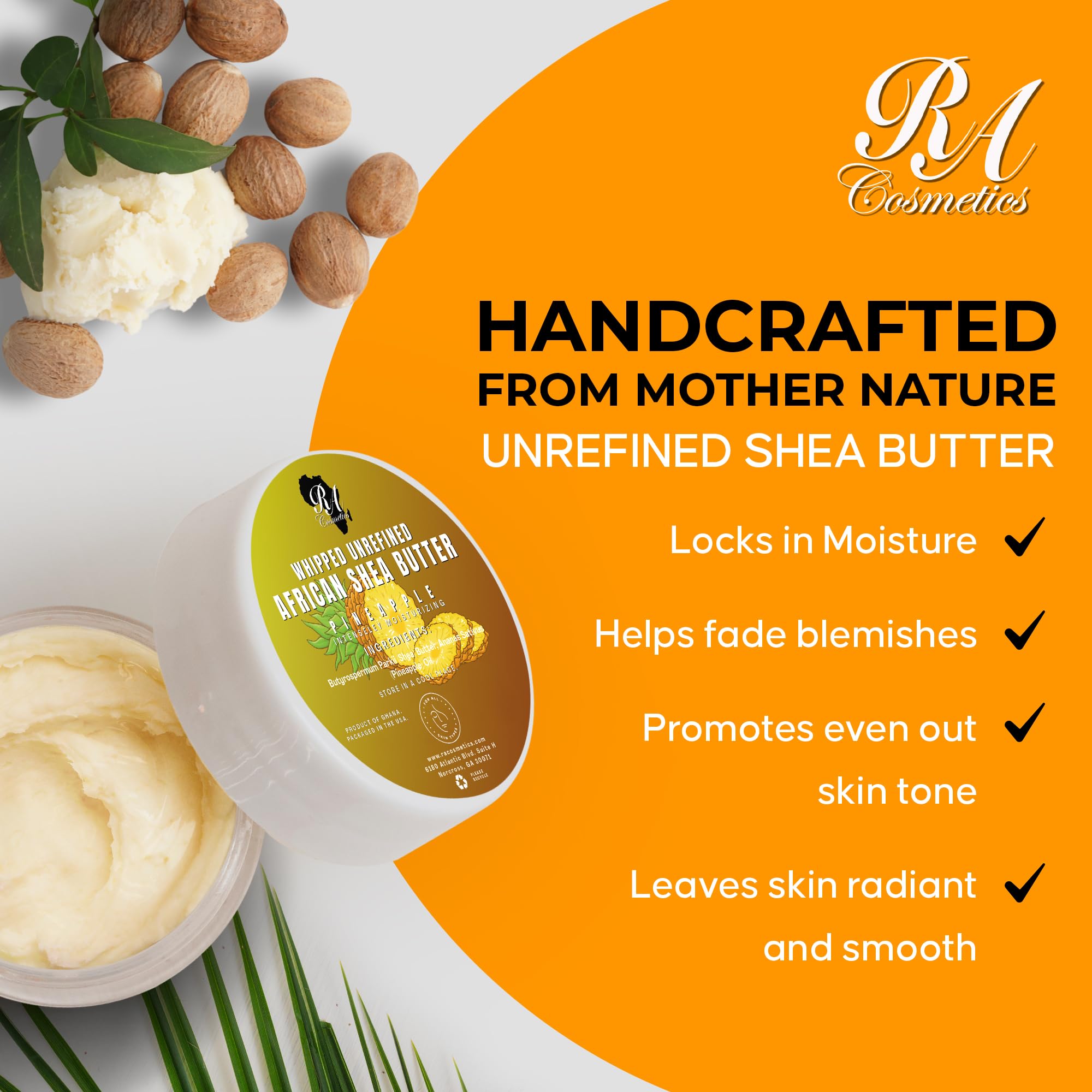 RA COSMETICS Ghana-sourced unrefined Shea packaging highlights natural roots