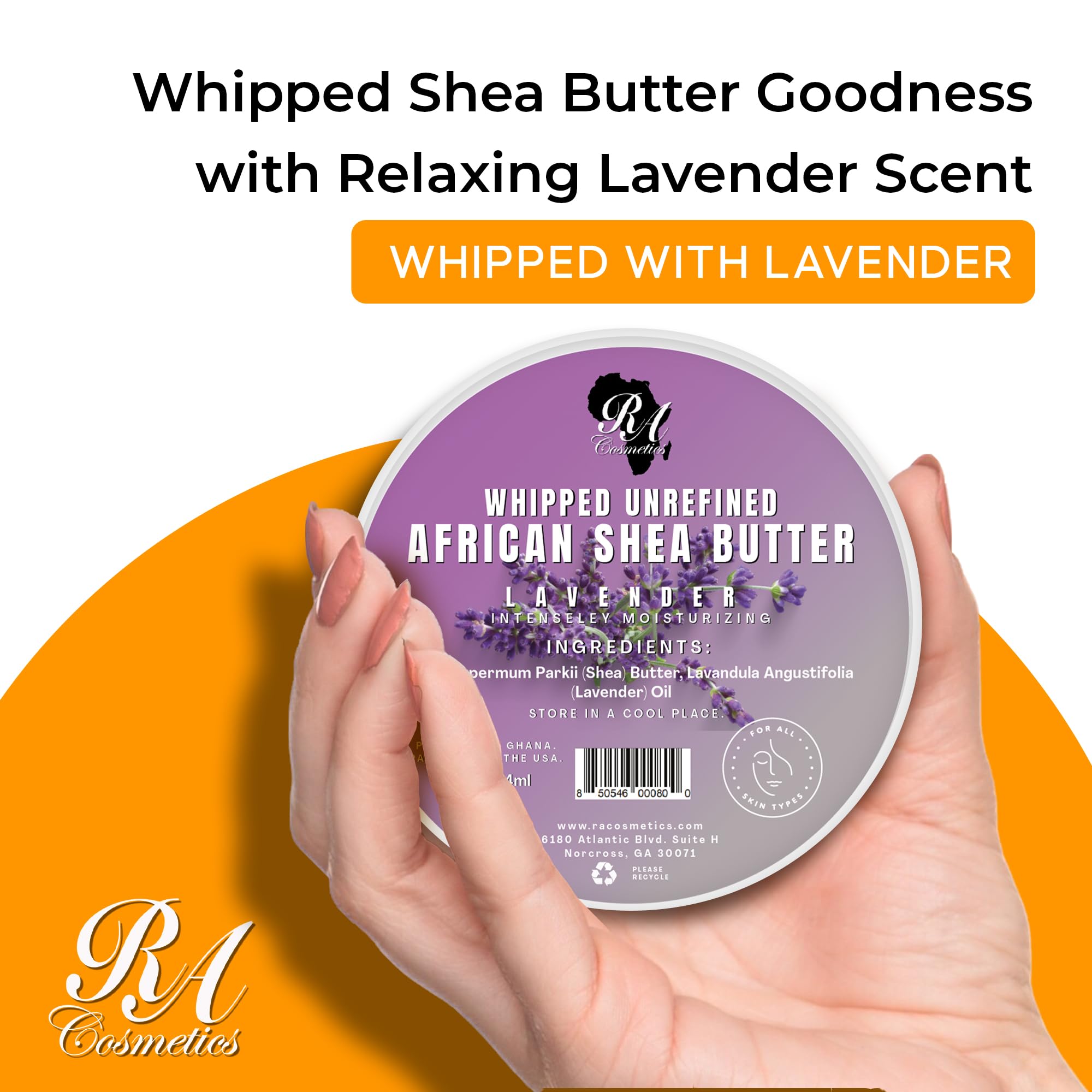 RA COSMETICS lavender-infused shea butter texture closeup shows creamy, rich moisture