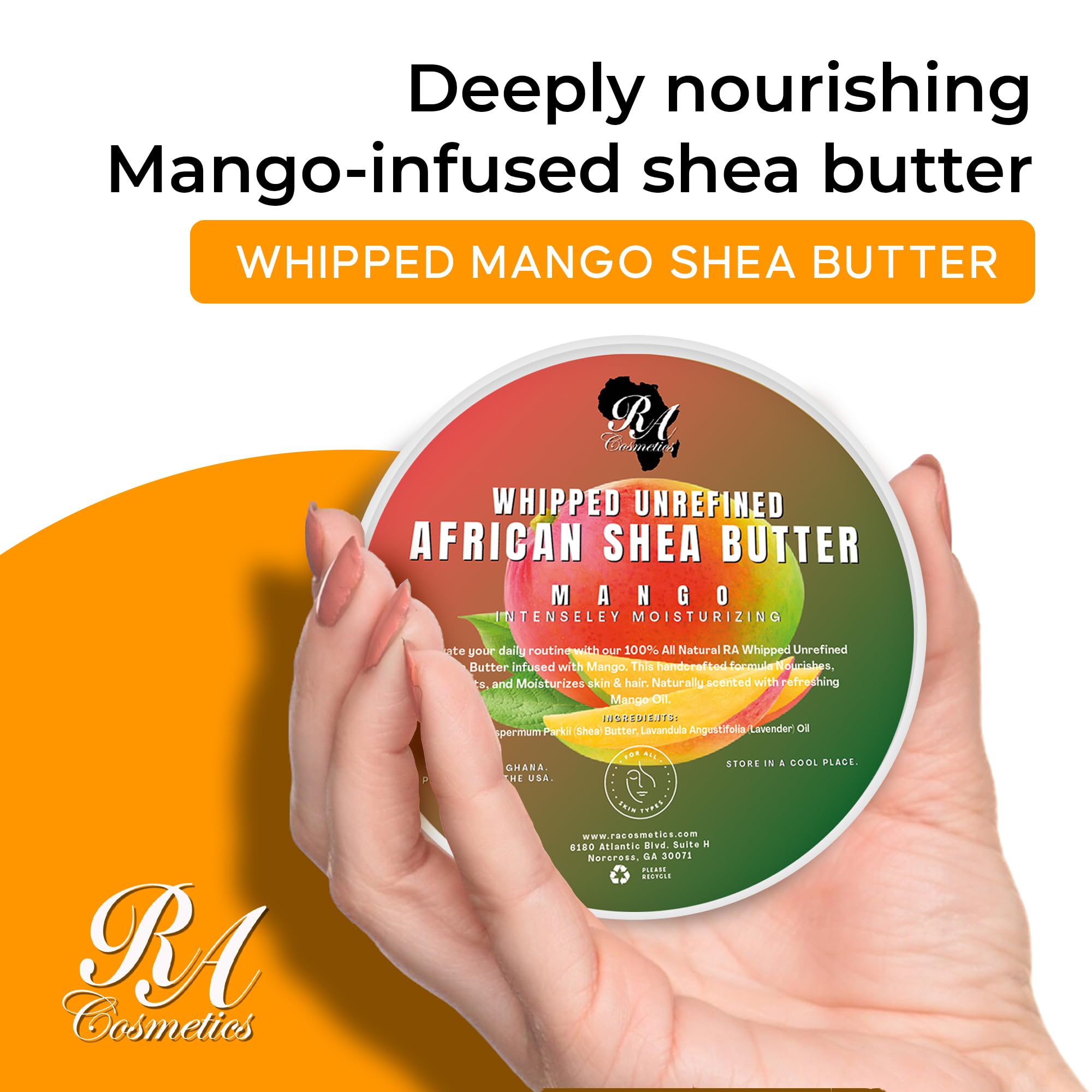 RA COSMETICS Beurre karité mangue – texture crémeuse prête à hydrater tout le corps.