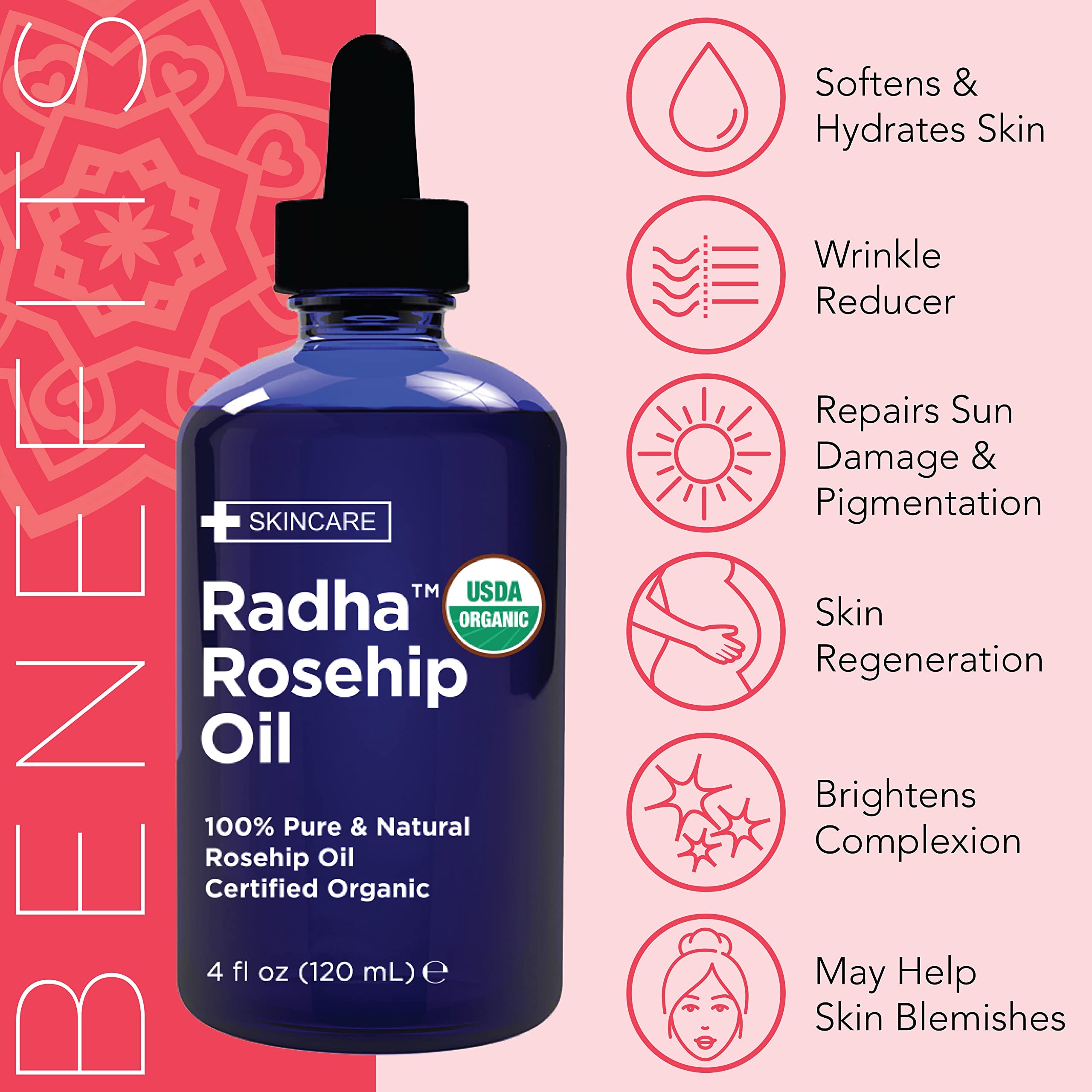 Radha Beauty huile rose musquée, absorption rapide sans résidu gras