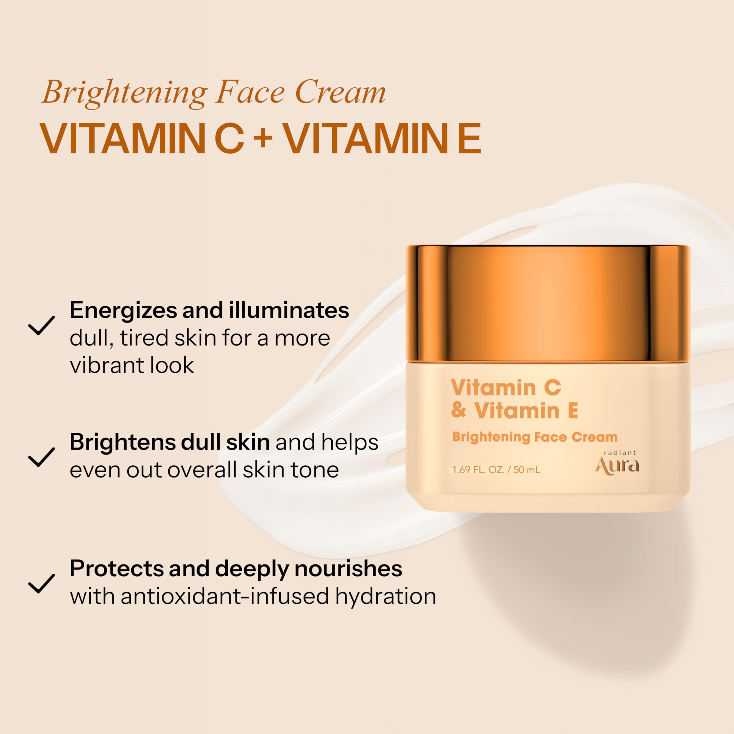 Radiant Aura cream swirl on hand showing fast-absorbing texture