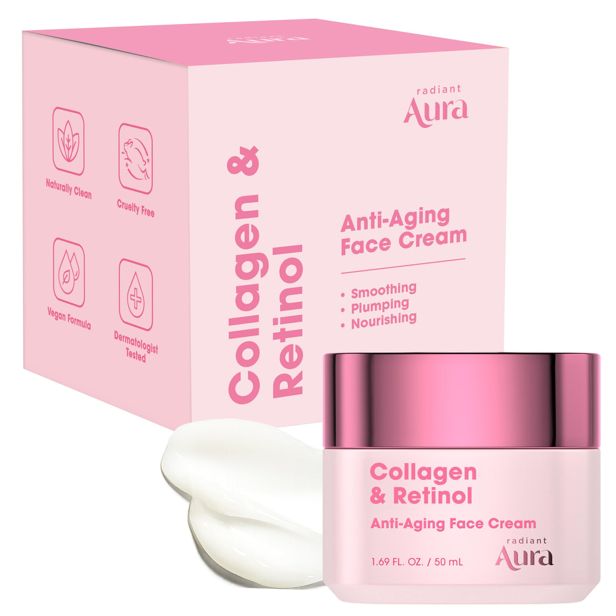 Radiant Aura crème visage pot 50 ml, hydratation durable et texture soyeuse.