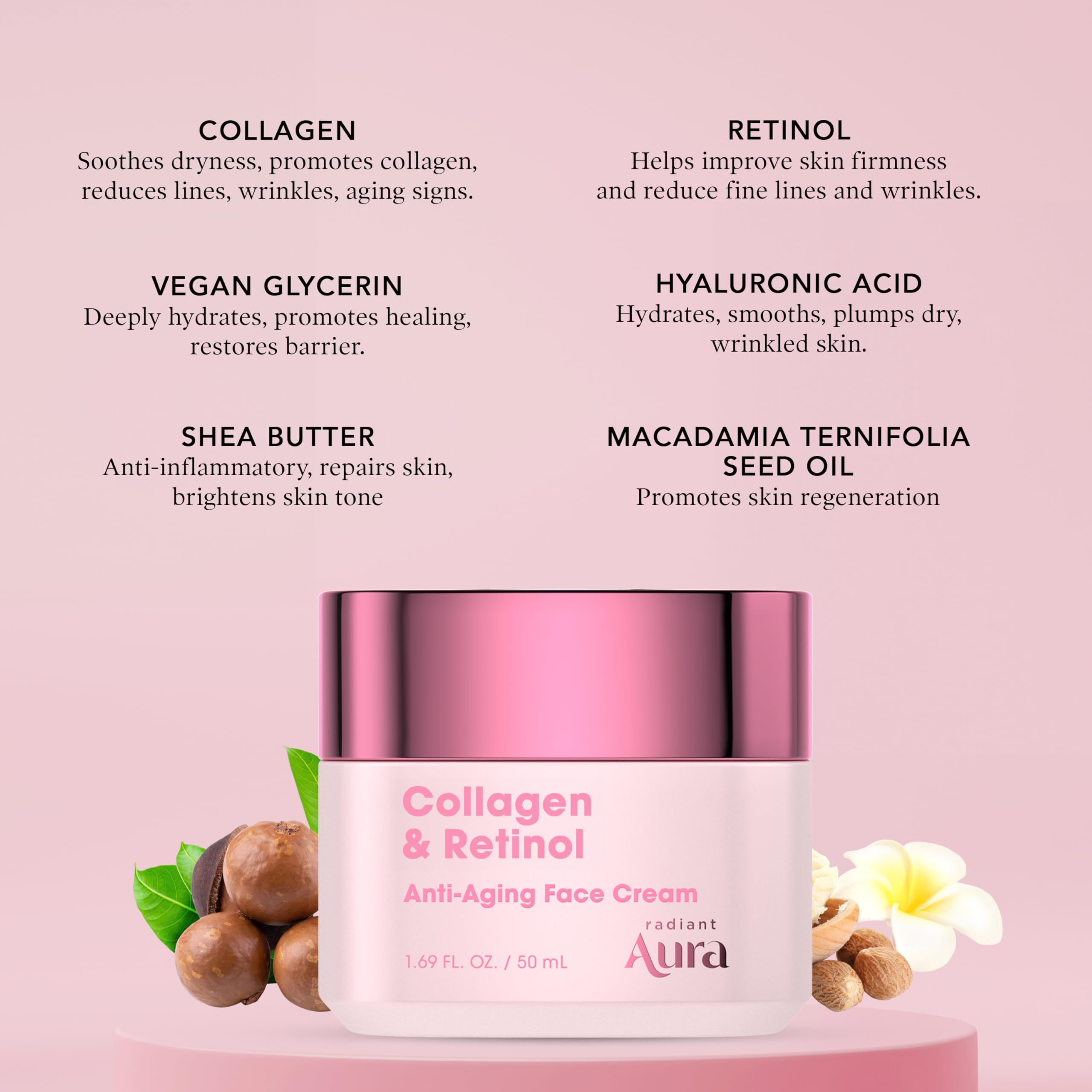 Radiant Aura, beurre de karité et macadamia, nourrissent et protègent la barrière cutanée.
