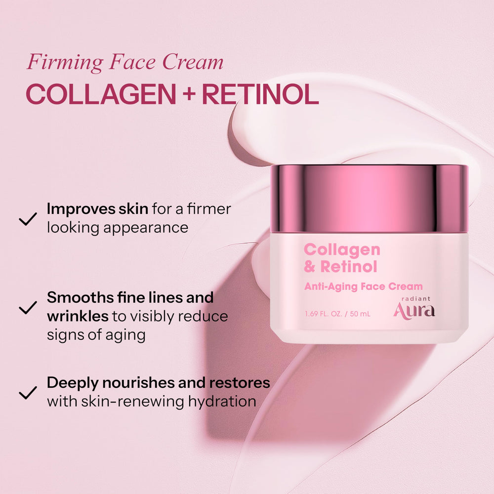 Radiant Aura, rétinol et collagène en synergie, peau plus lisse.