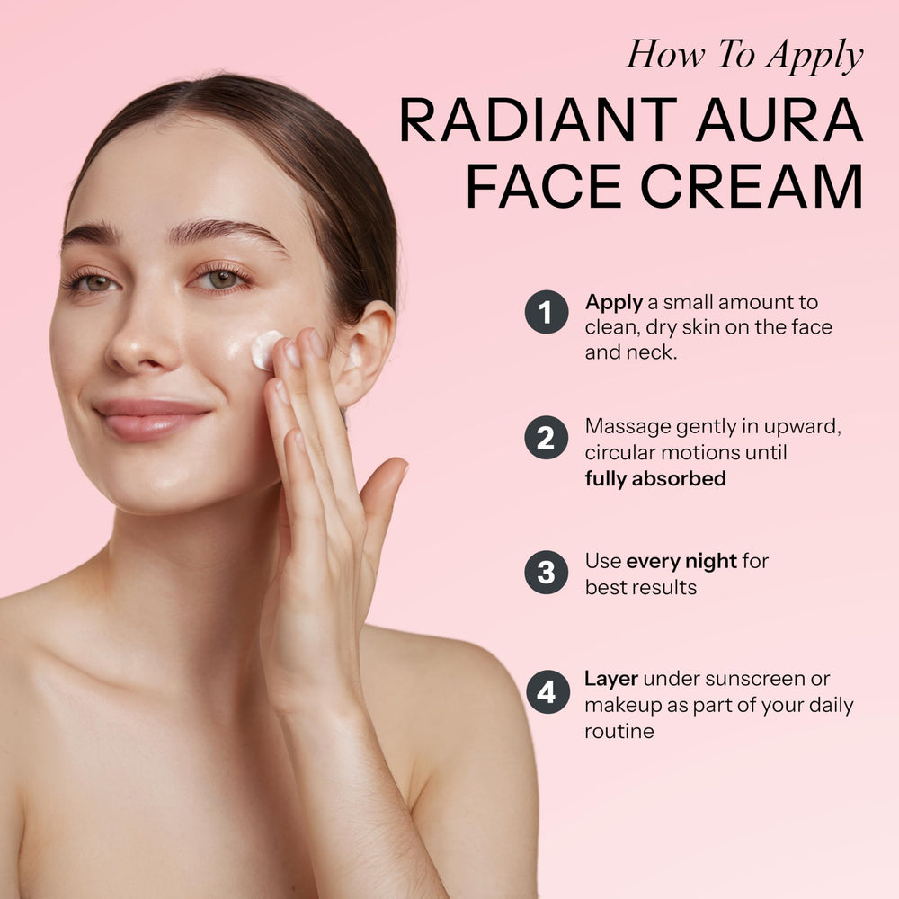 Radiant Aura texture légère et absorption rapide, idéale sous le maquillage.