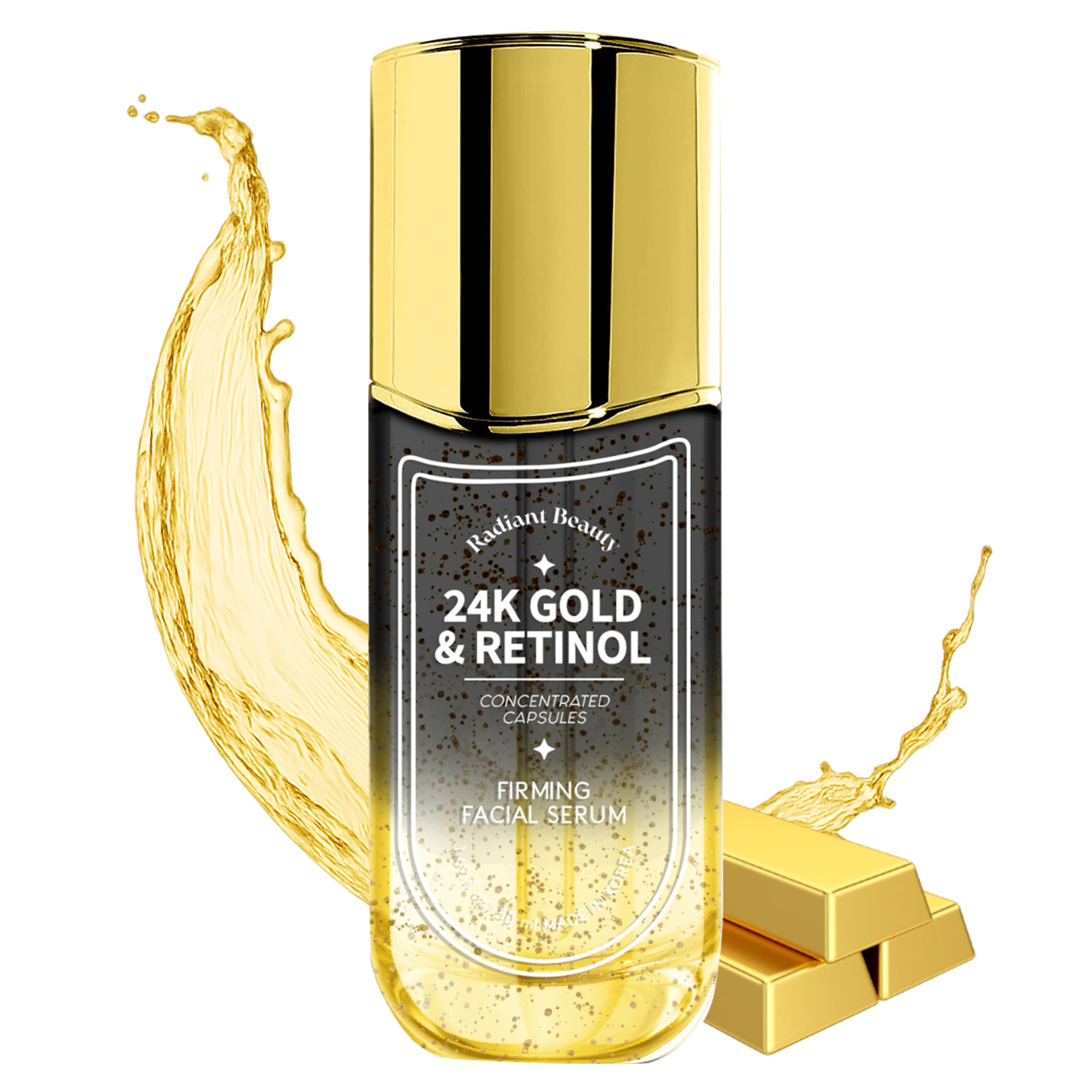 Sérum Radiant Beauty 24K Or Retinol dans sa bouteille, hydratation intense pour peau radieuse.