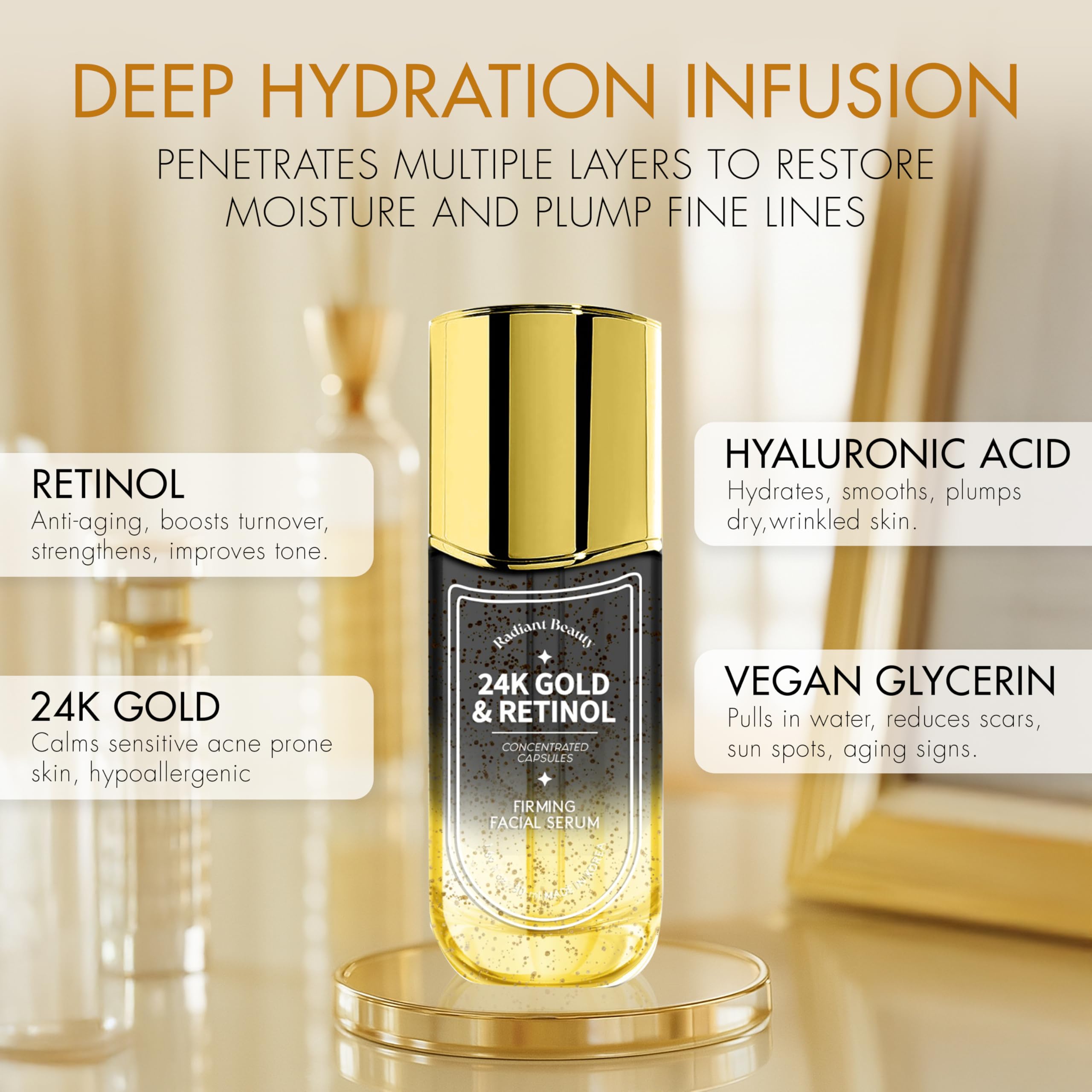Pompe facile du sérum Radiant Beauty 24K Or Retinol pour une utilisation pratique.