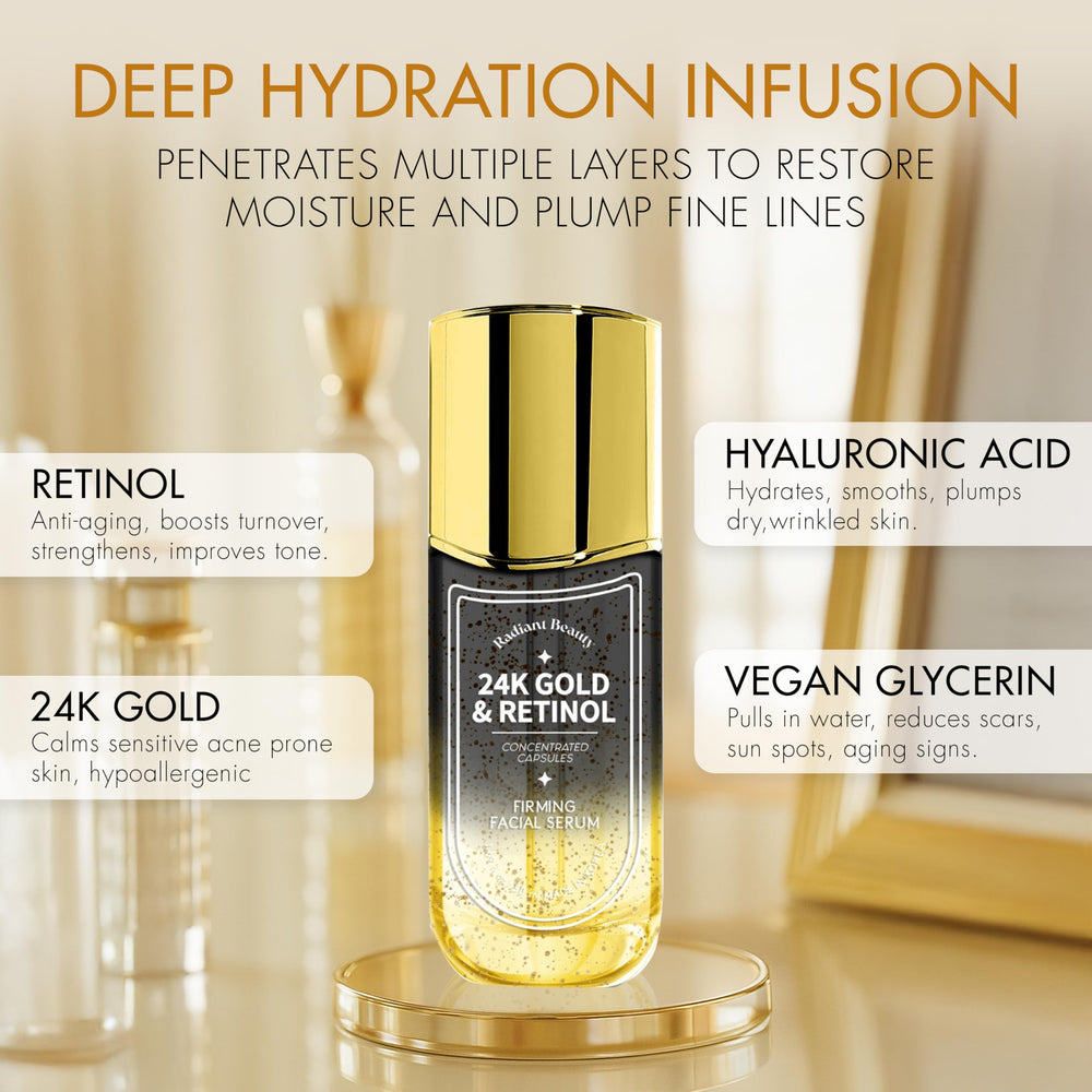 Pompe facile du sérum Radiant Beauty 24K Or Retinol pour une utilisation pratique.