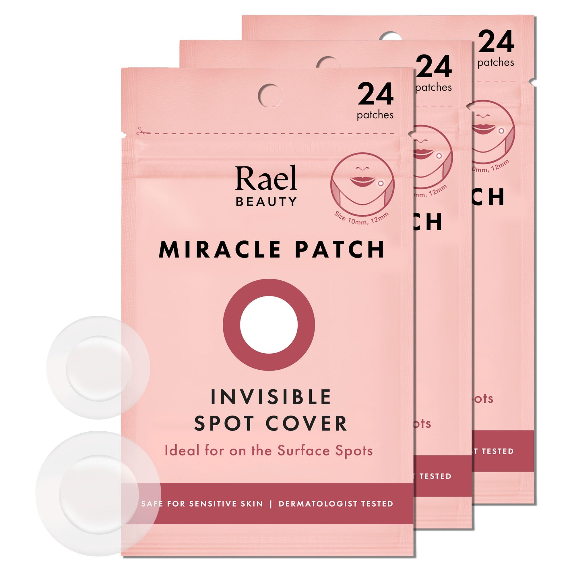 Patch Rael boutons hydrocolloïdes 10 mm sur la peau, absorption ciblée et discrétion.