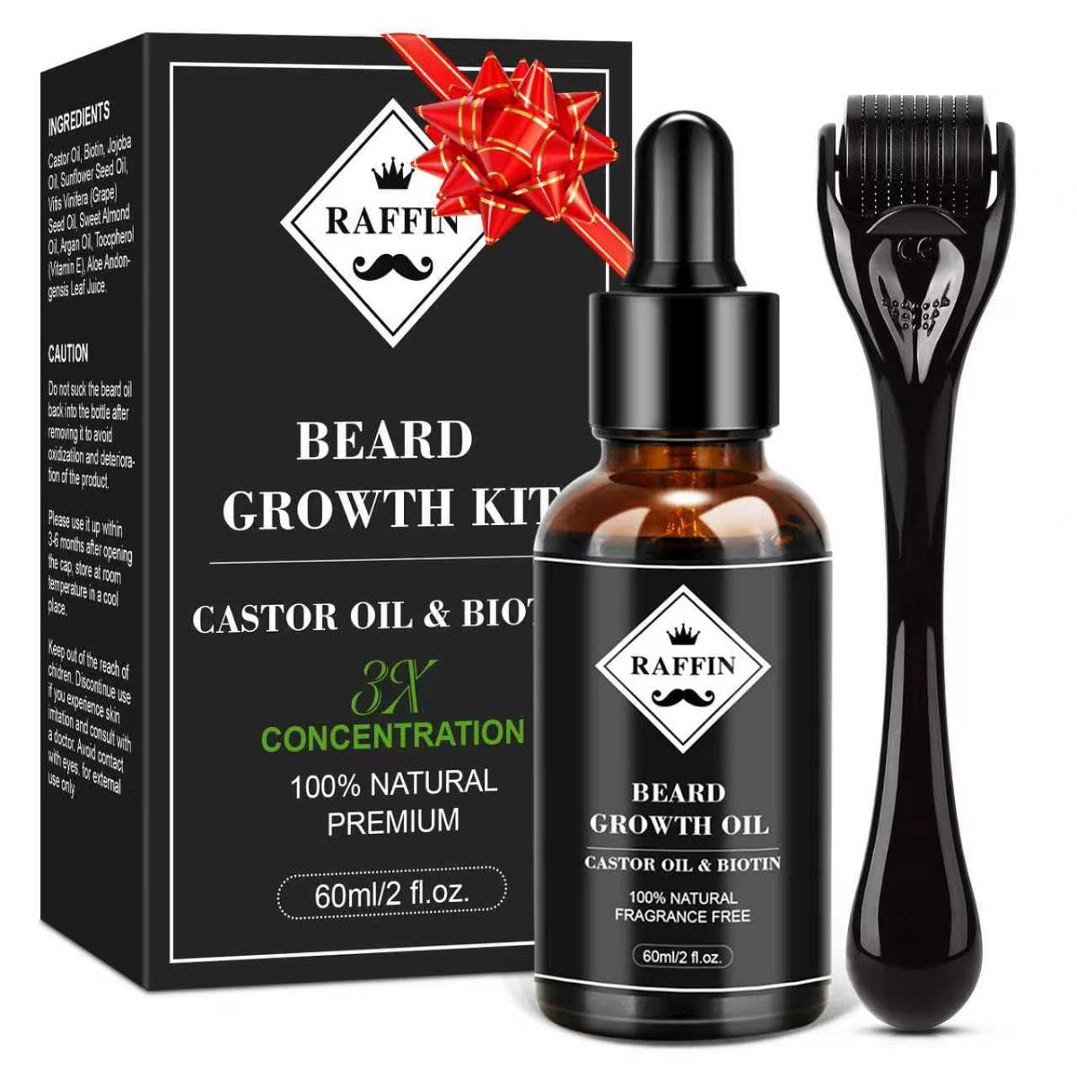 RAFFIN kit croissance barbe: huile 2onces pour une barbe plus fournie et saine.