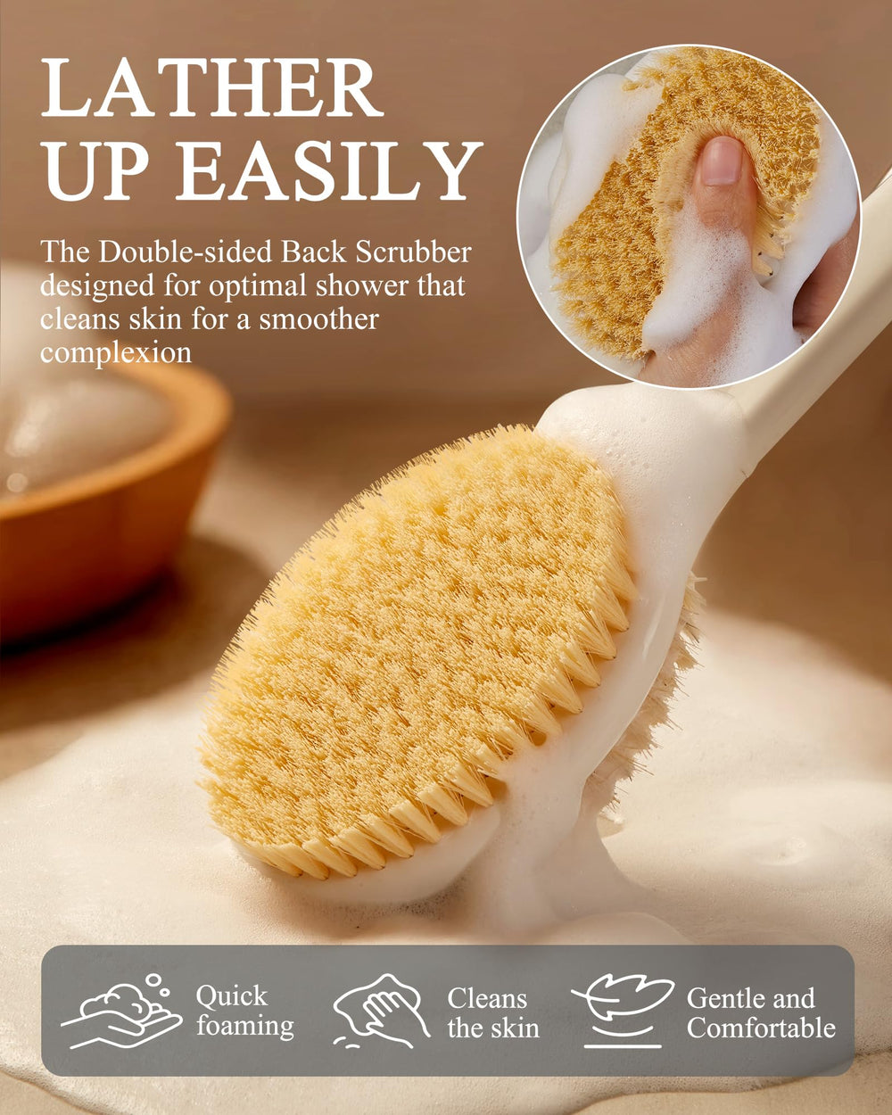 Brins nylon denses créent une mousse riche et douce pour la peau sensible.