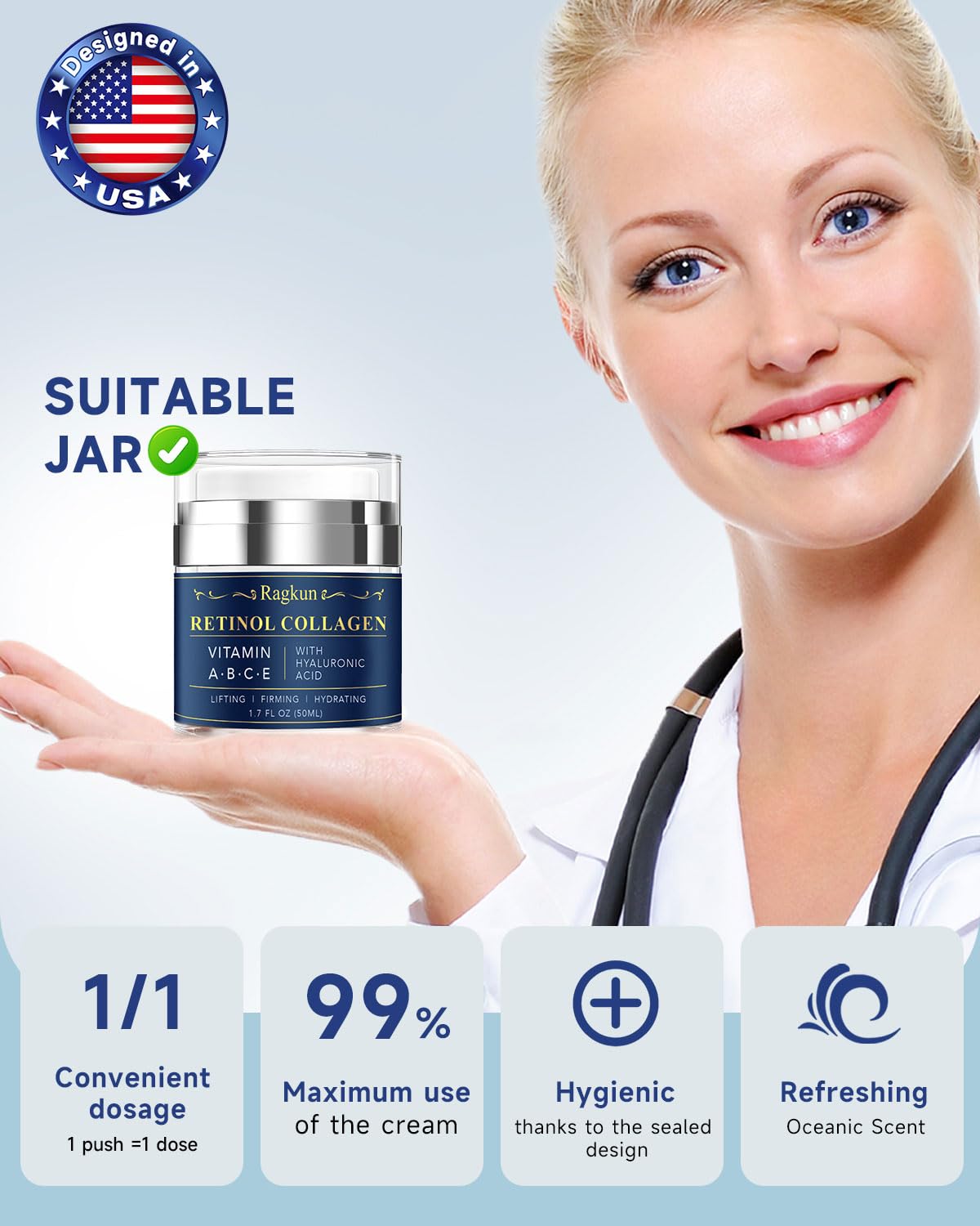 Ragkun Retinol Cream with hyaluronic acid highlighting moisturized, refreshed skin.
