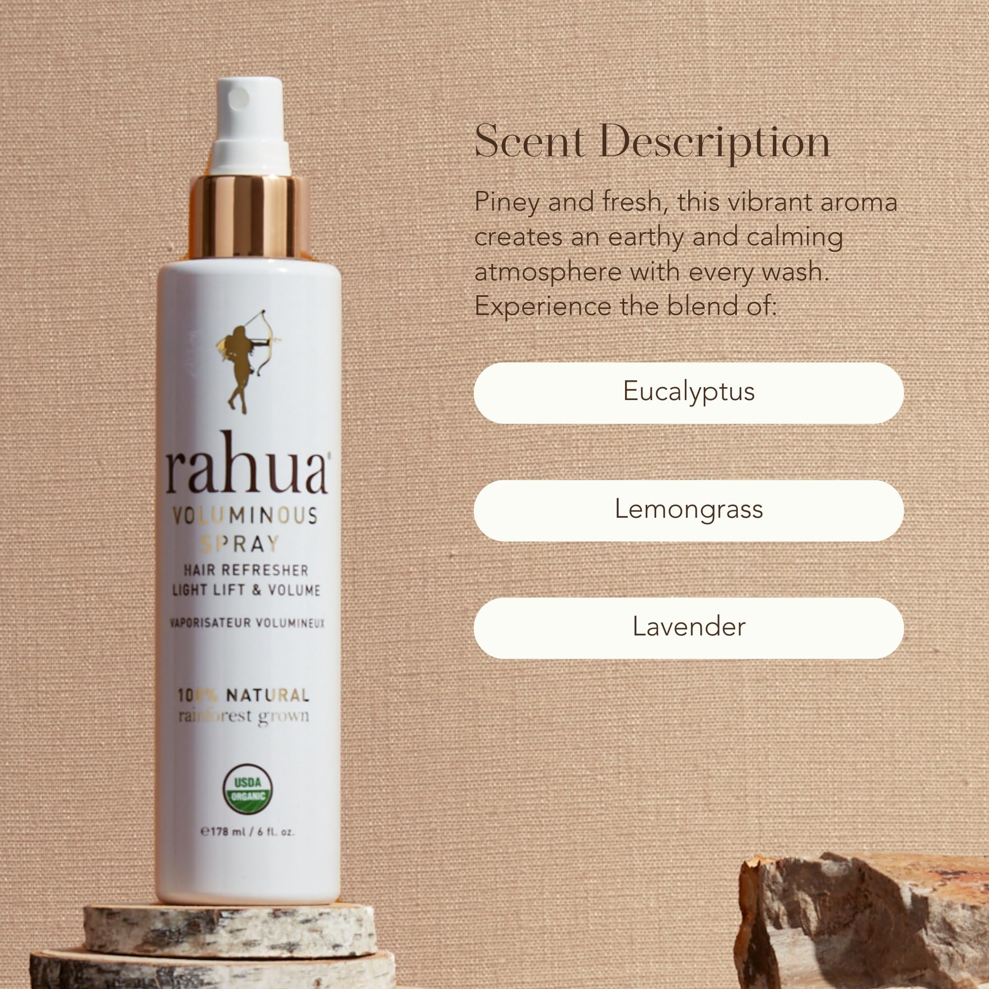 Rahua Voluminous Spray donne du volume à la racine et une texture aérienne.