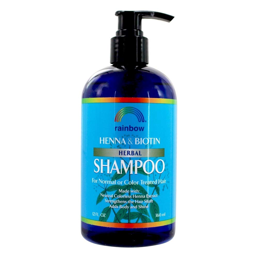 Rainbow Research Shampoing Henna Biotin : extraits botaniques visibles pour cheveux sains.