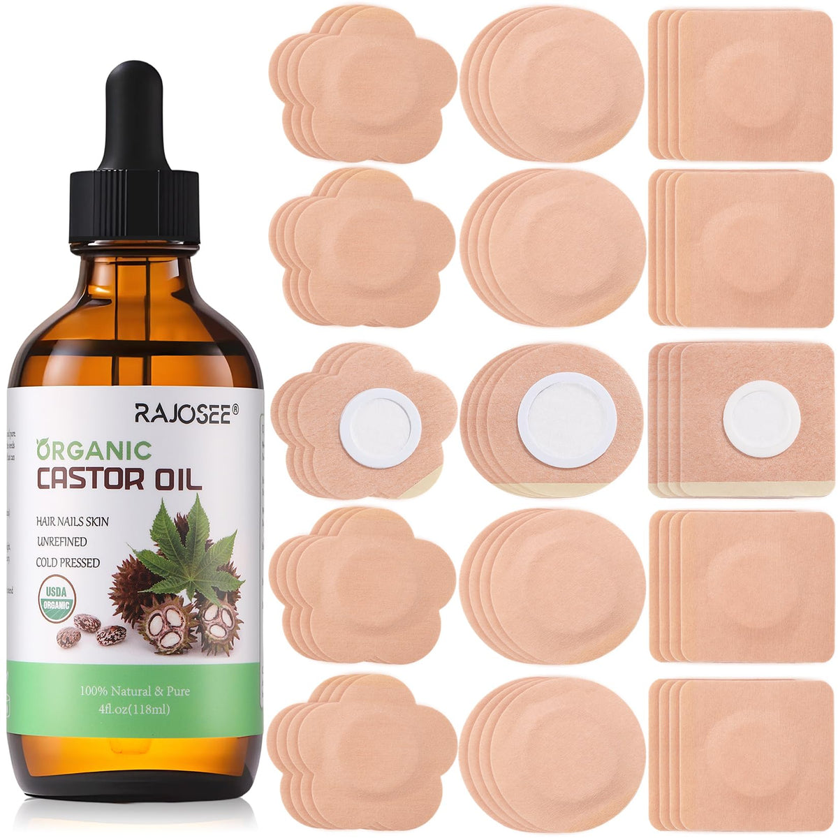 RAJOSEE pack huile ricin et patchs ventre en verre, pratique pour routine quotidienne.