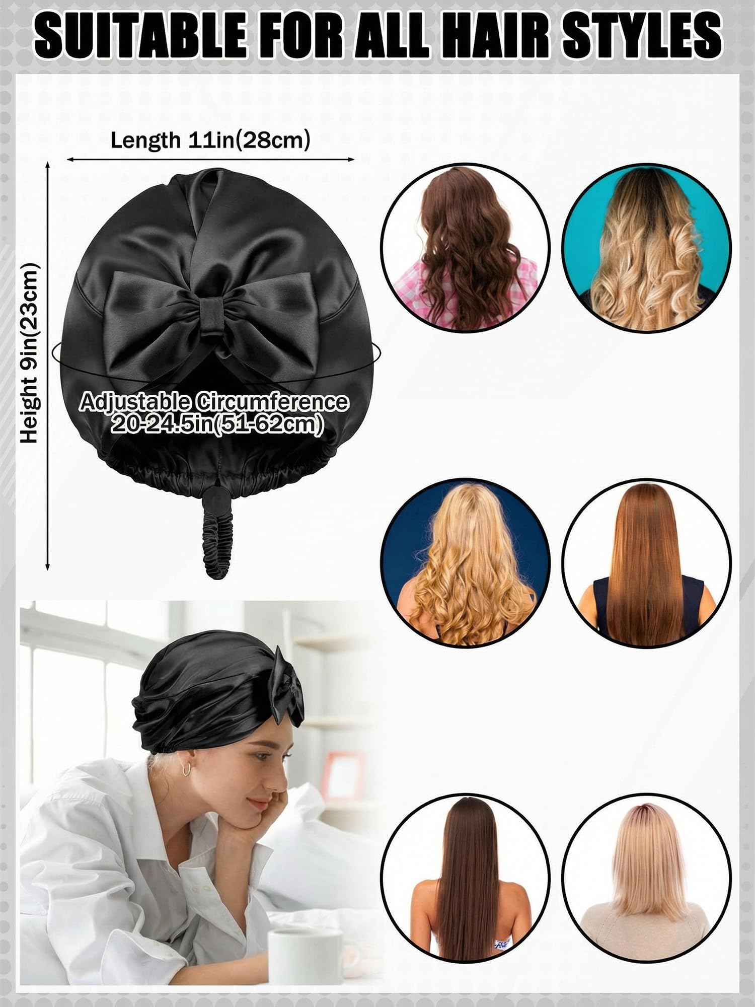 Bonnet Ramede soie noir boucle ajustable pour ajustement personnalisé