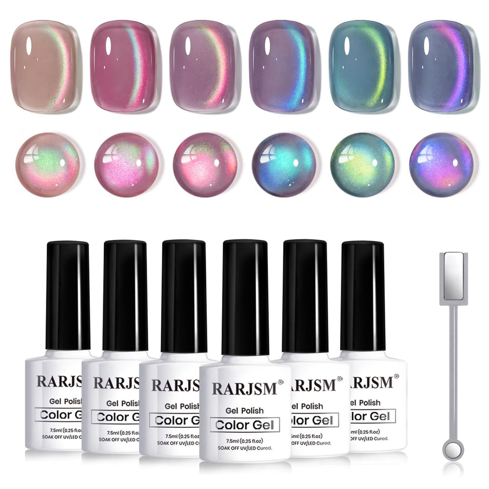 Vernis gel RARJSM Aurora avec effet œil-de-chat et éclat diamanté.