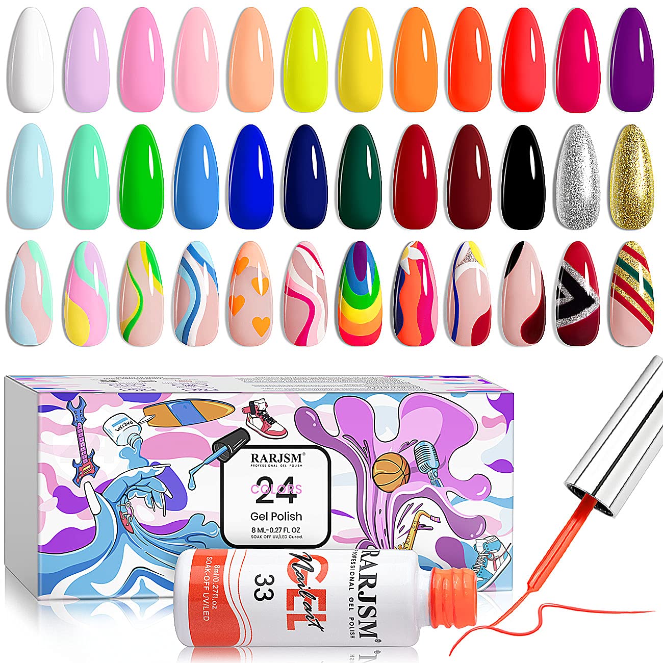 RARJSM Gel Art Ongles – palette 24 couleurs pour designs variés et précis