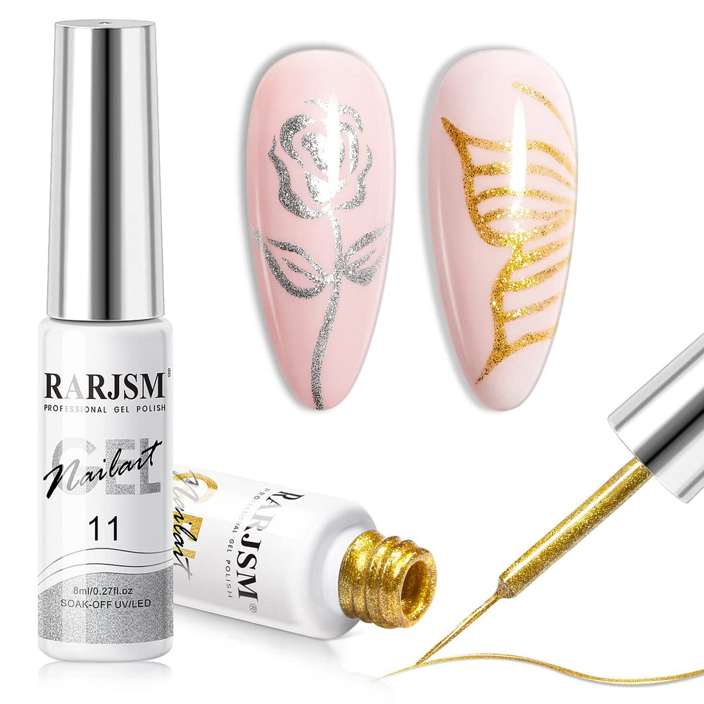 RARJSM Gel Liner Argent et Or avec paillettes pour décor rapide des ongles