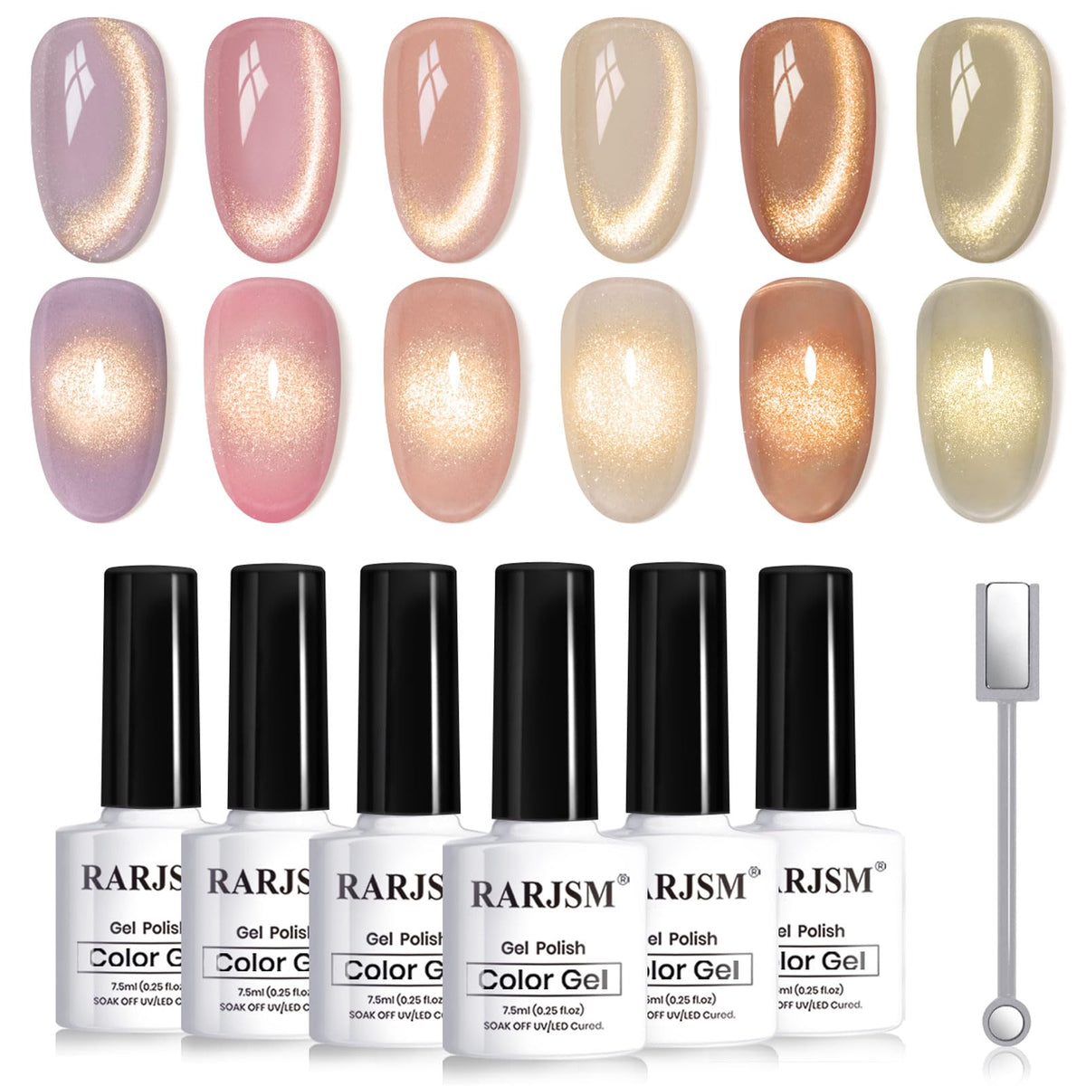 Bouteilles RARJSM Cat Eye montrant l’effet doré scintillant pour différentes teintes