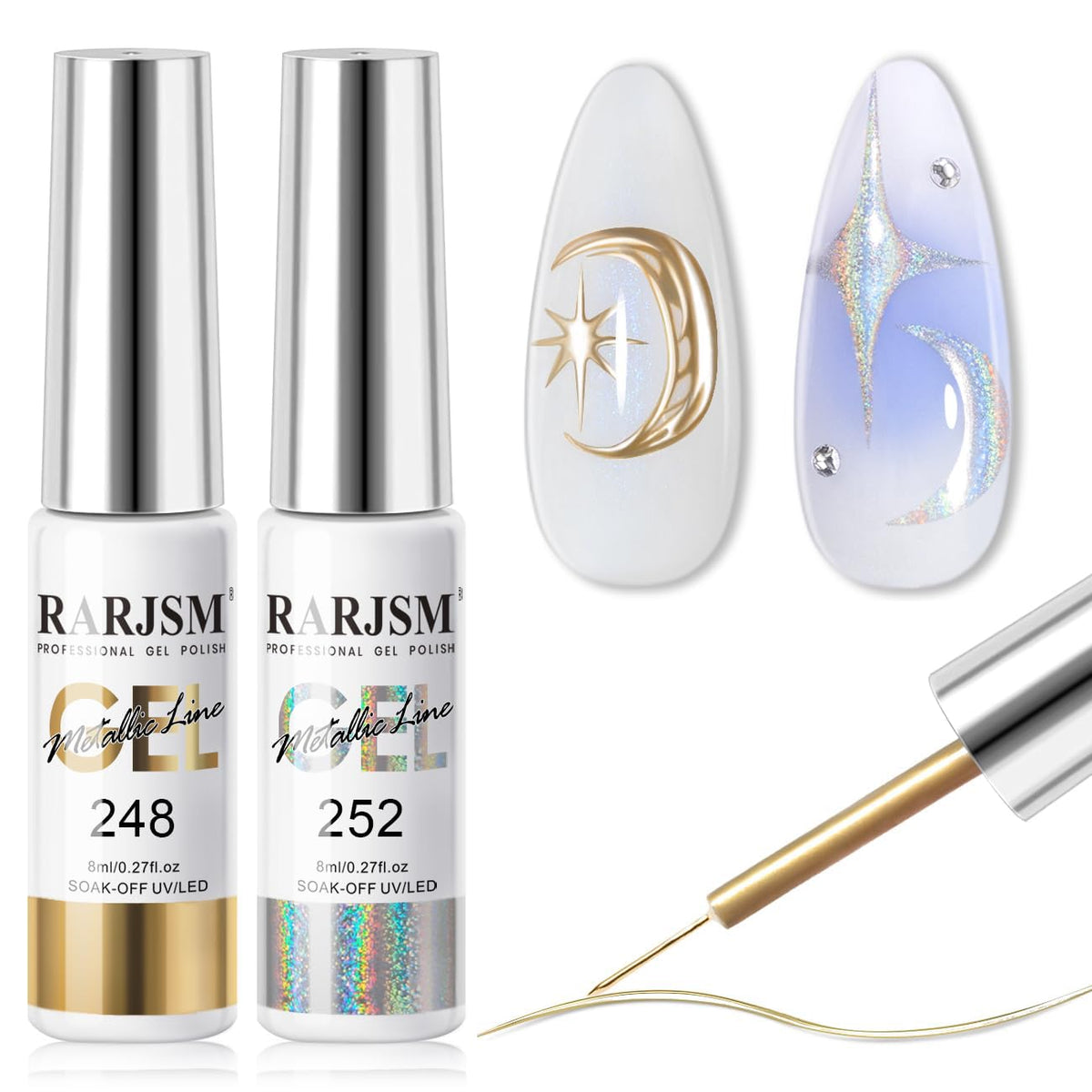 RARJSM gel liner chrome argent miroir: finition brillante pour une manucure moderne.