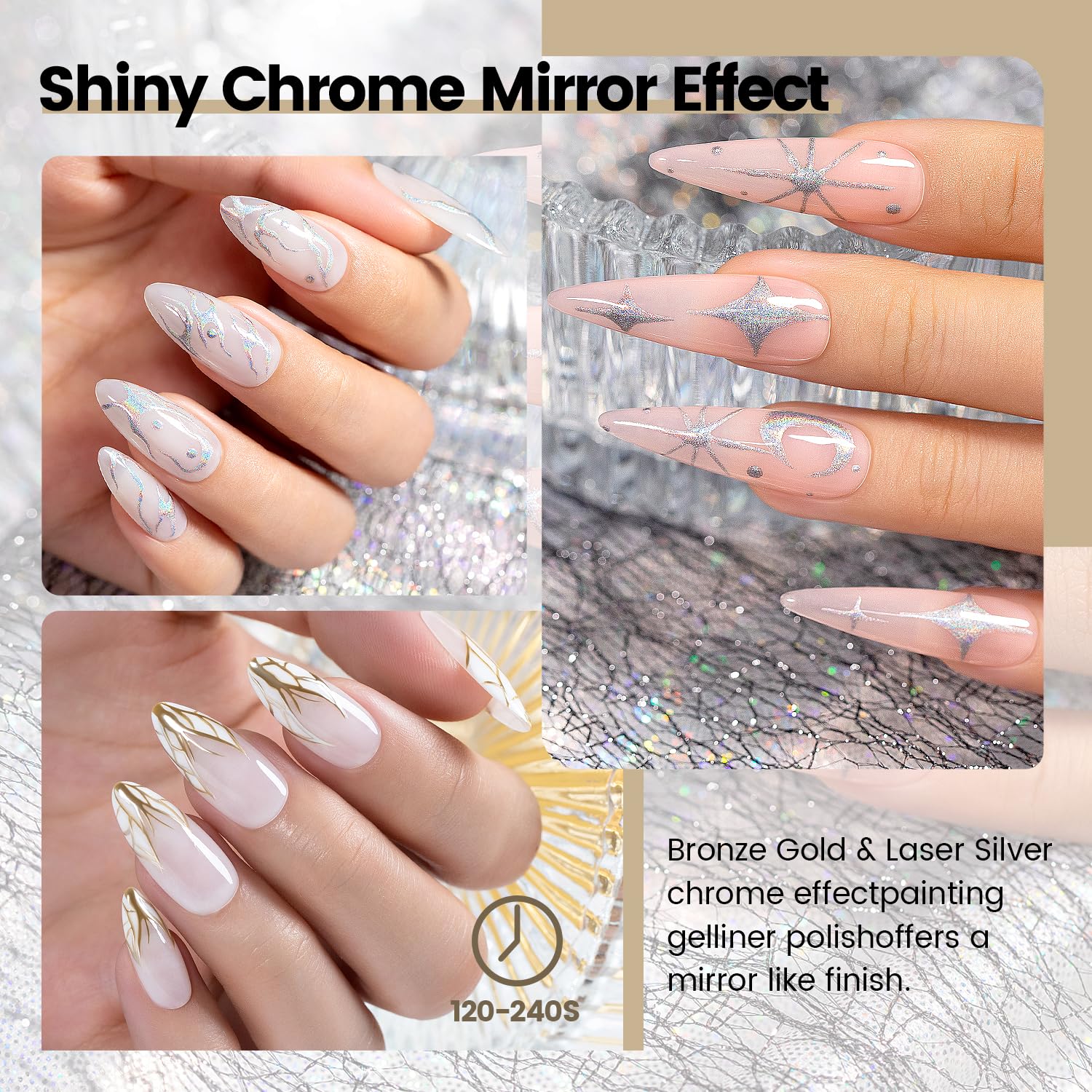RARJSM gel liner chrome bronze doré miroir: effet métallique saisissant sur les ongles.