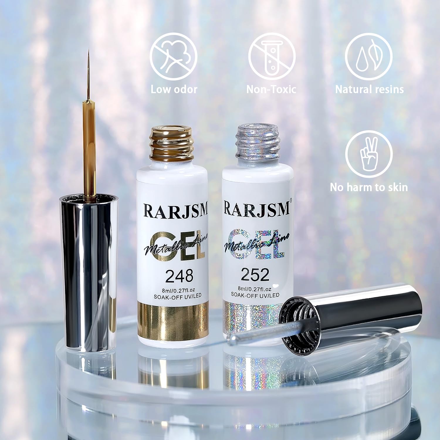RARJSM gel liner chrome reflets brillants: surface haute brillance capte la lumière.