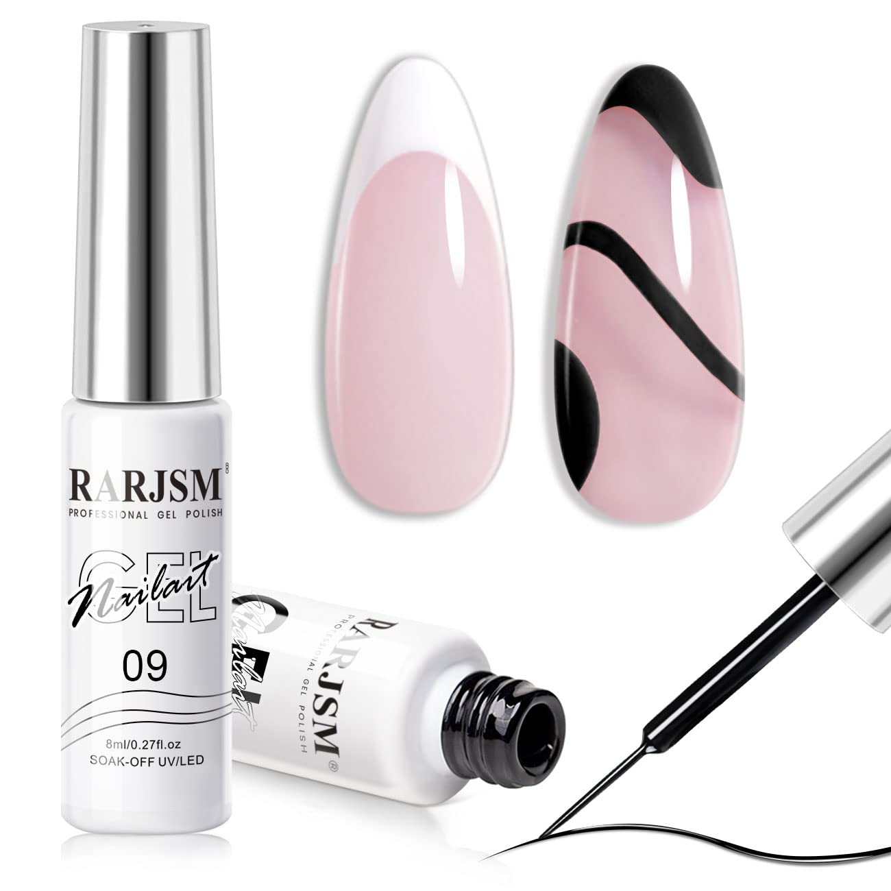 RARJSM Manucure française avec noir et blanc pour style chic.