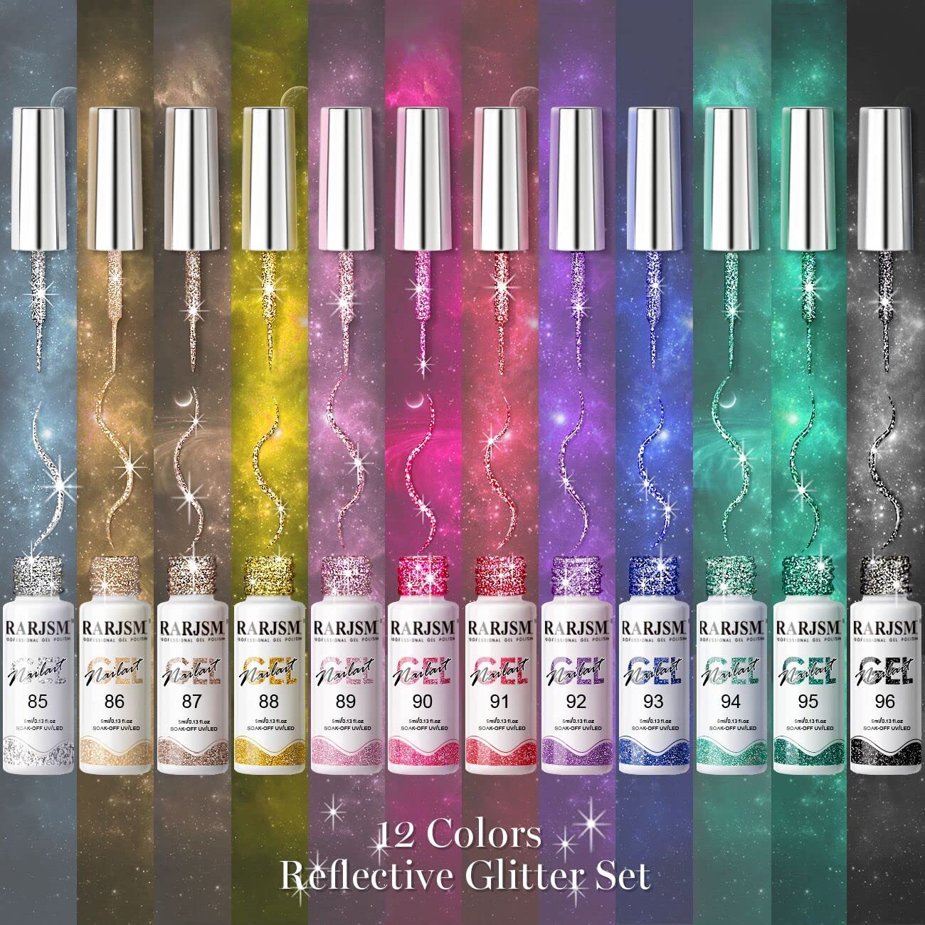 RARJSM nails featuring multiple glitter colors delivering a vibrant design.