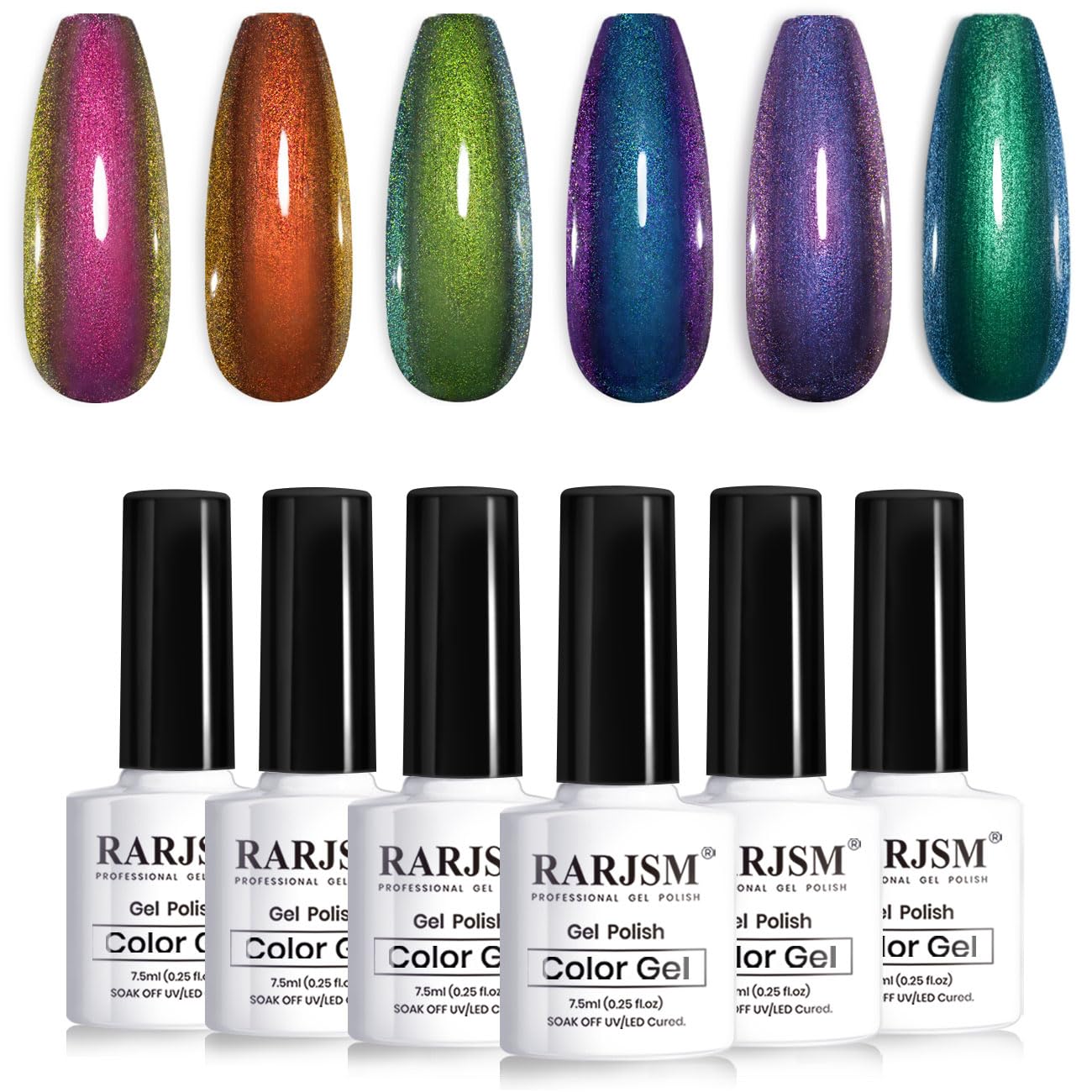 Vernis gel chameleon RARJSM, flacon bleu et violet, effet multichrome captivant sur ongles.